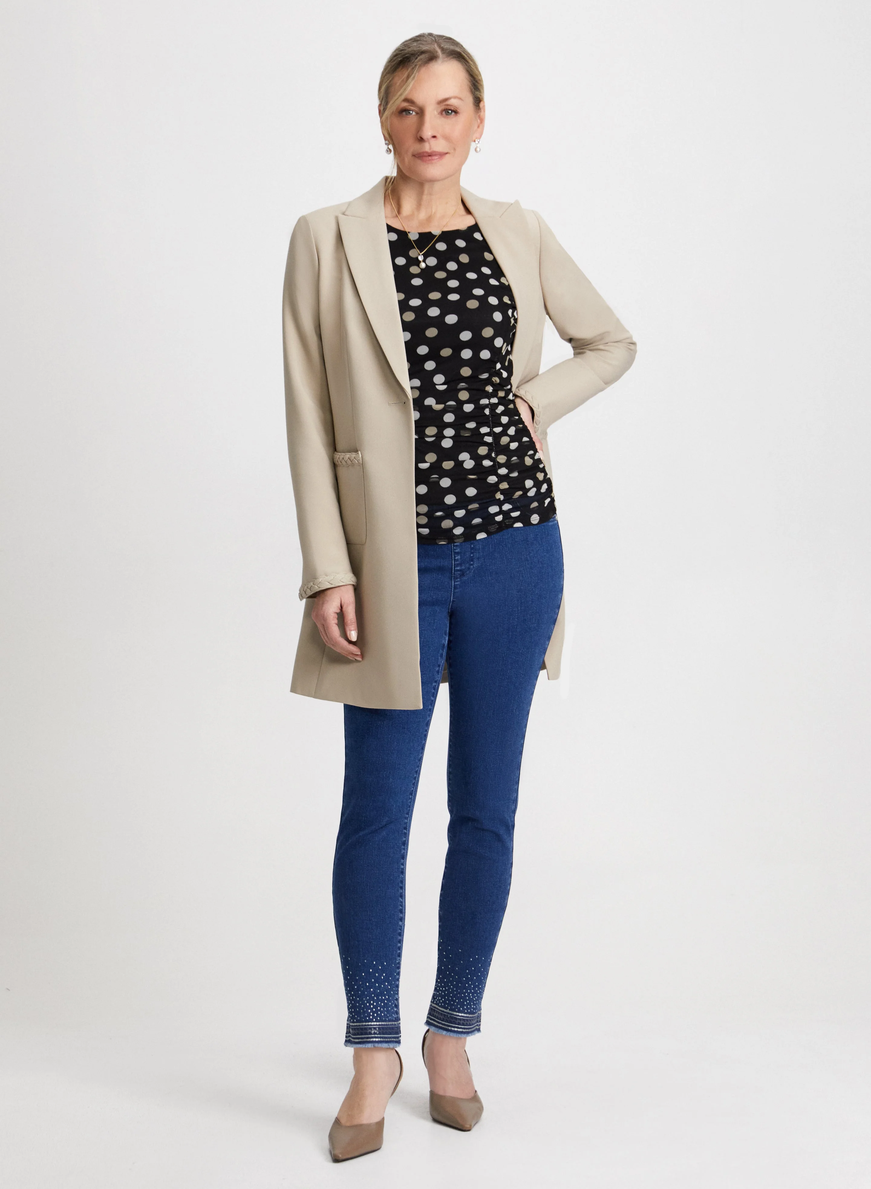 Redingote Jacket & Sequin Hem Jeans