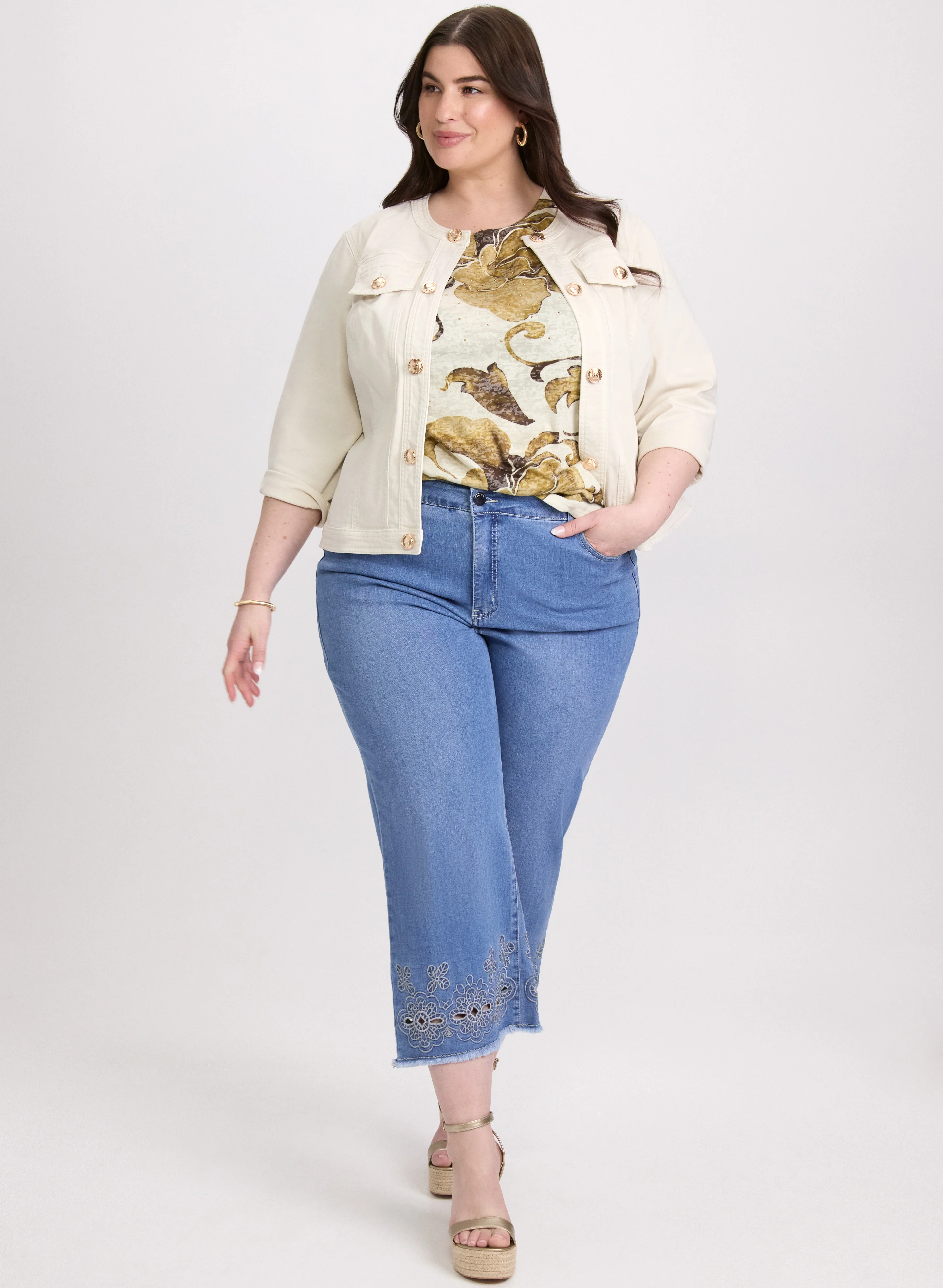 3/4 Sleeve Jean Jacket  & Embroidered Detail Jeans