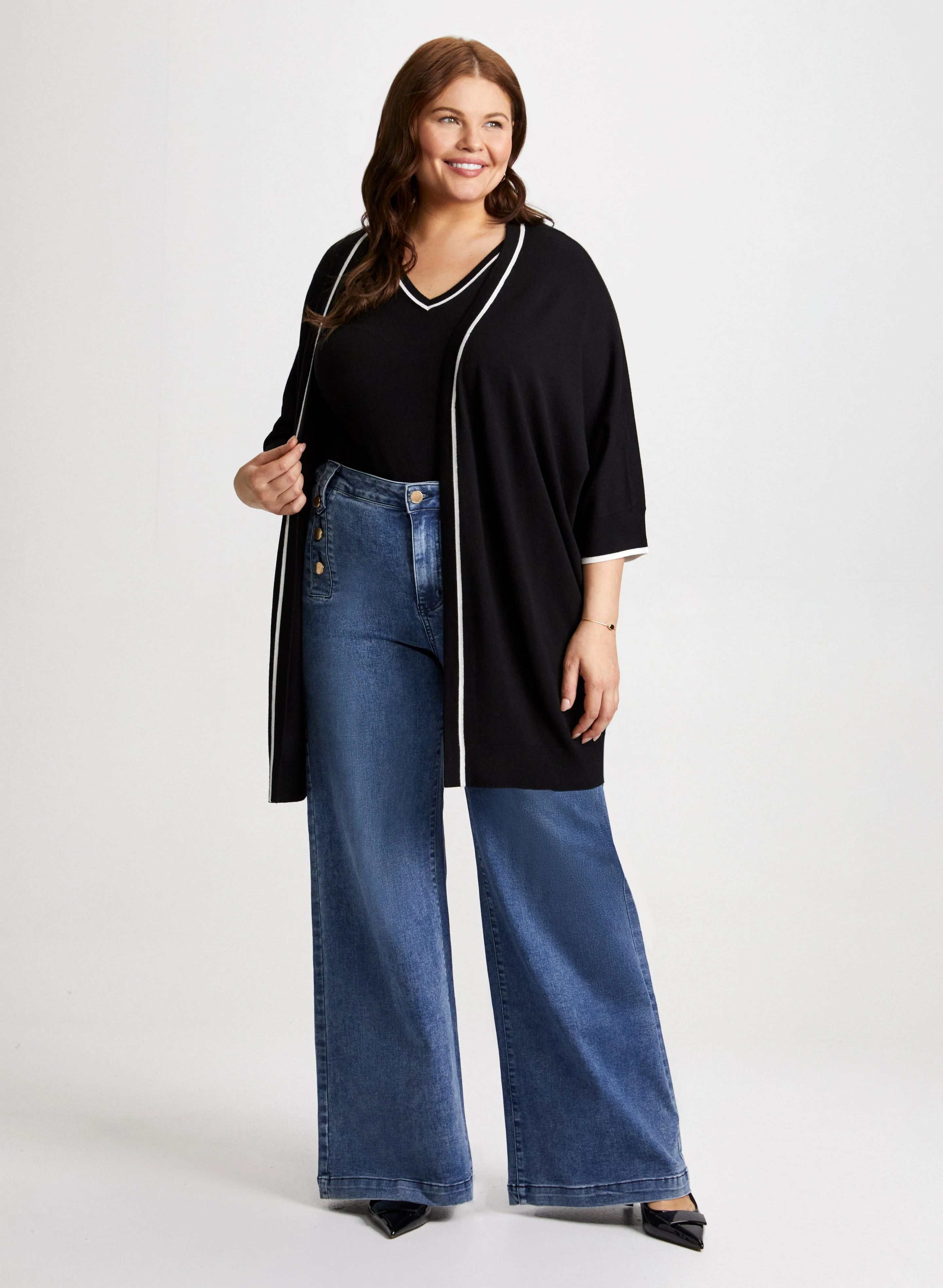 Open Front Cardigan & Wide Leg Jeans