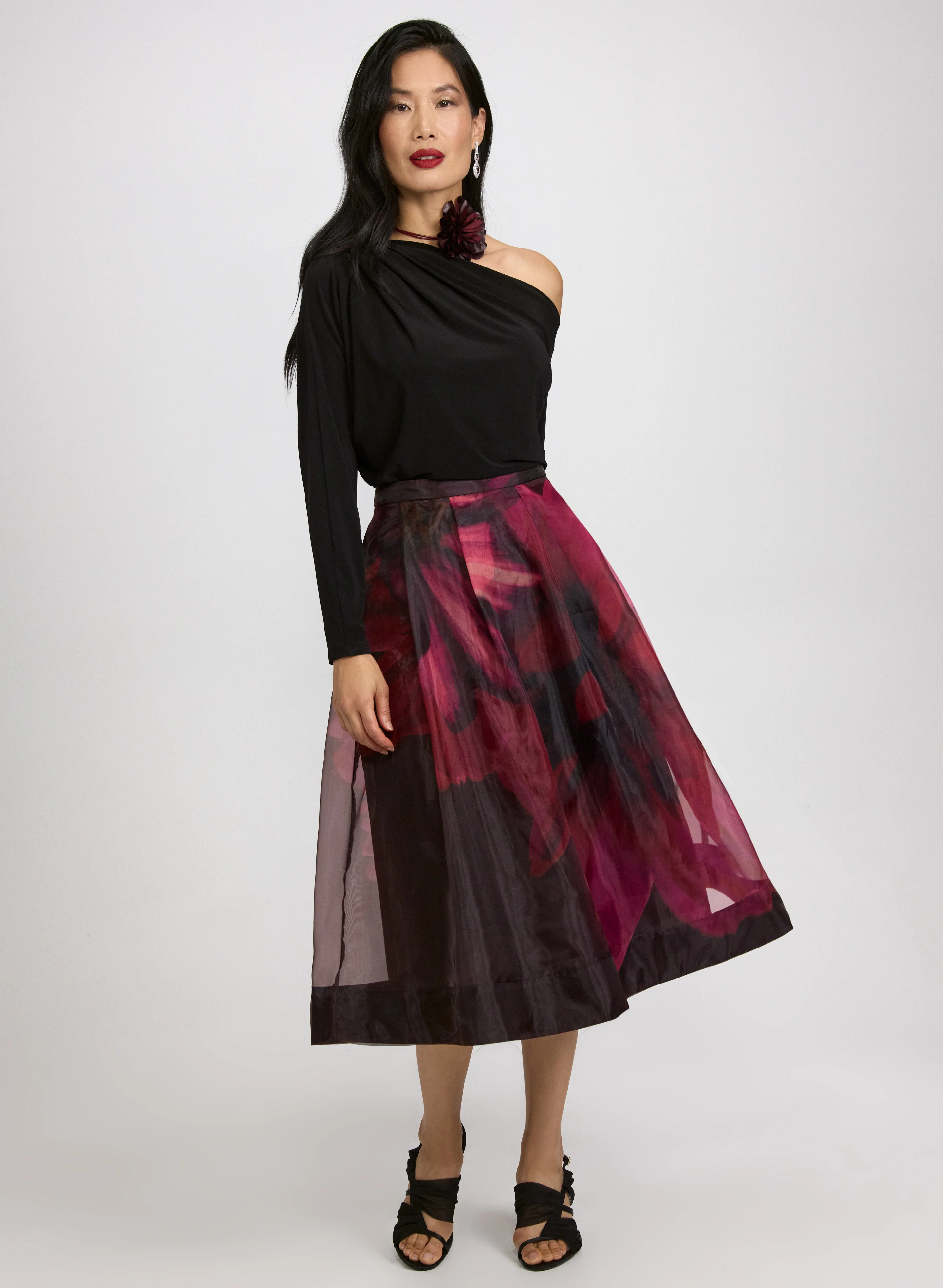Asymmetric Off-Shoulder Top & Floral Organza Skirt