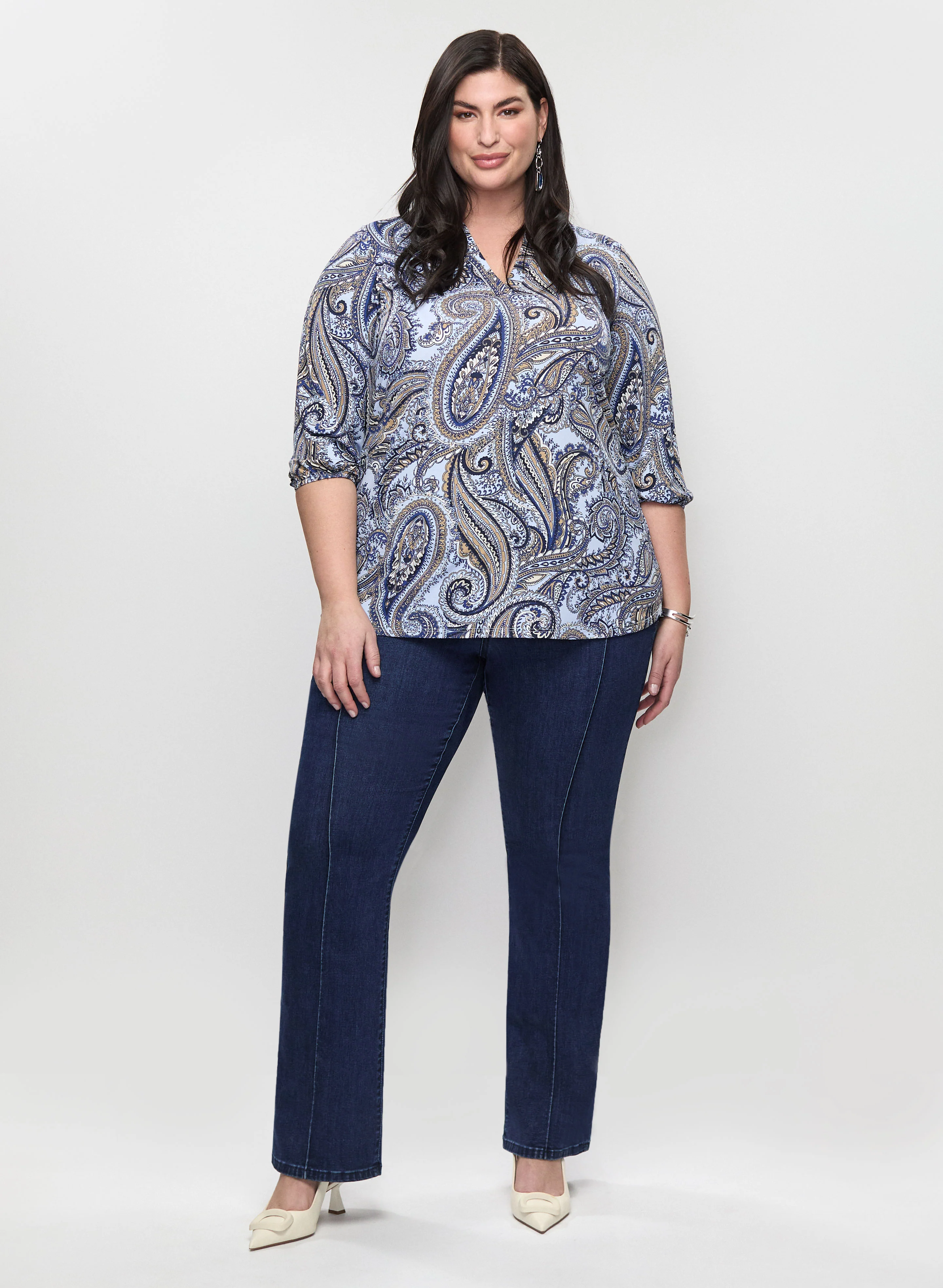 Balloon Sleeve Paisley Top & Pull-On Bootcut Jeans