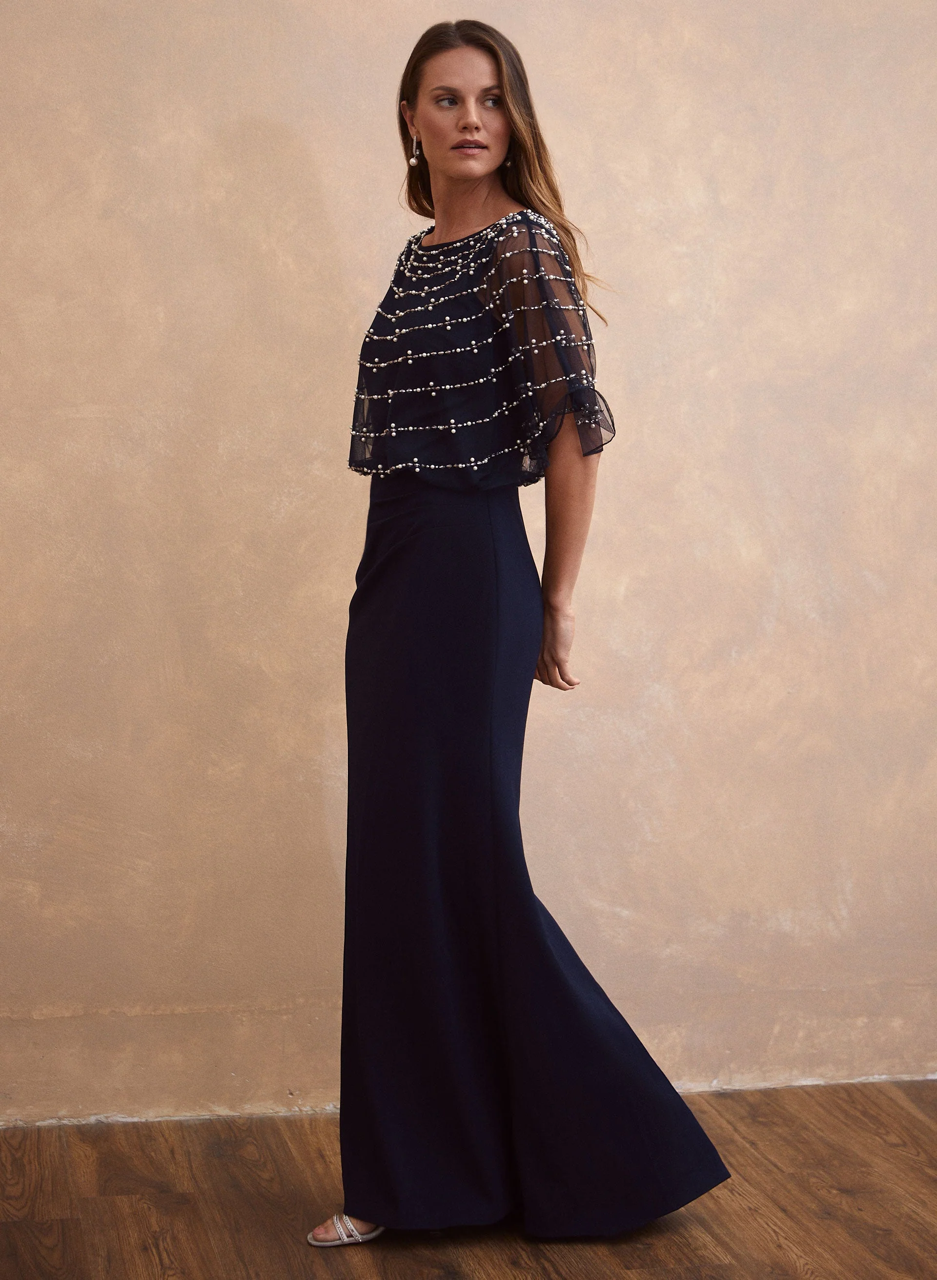 Beaded Mesh Capelet Maxi Dress - Image 3