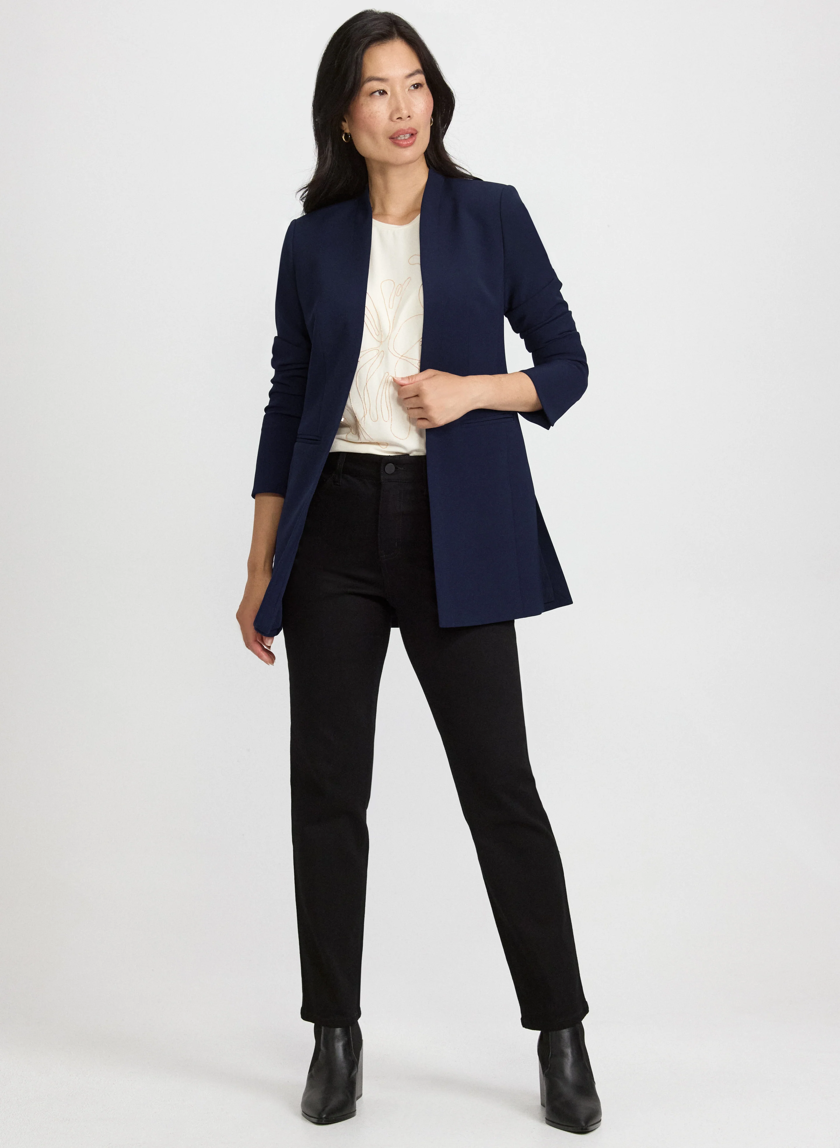 Belted Collarless Blazer & Straight-Leg Jeans