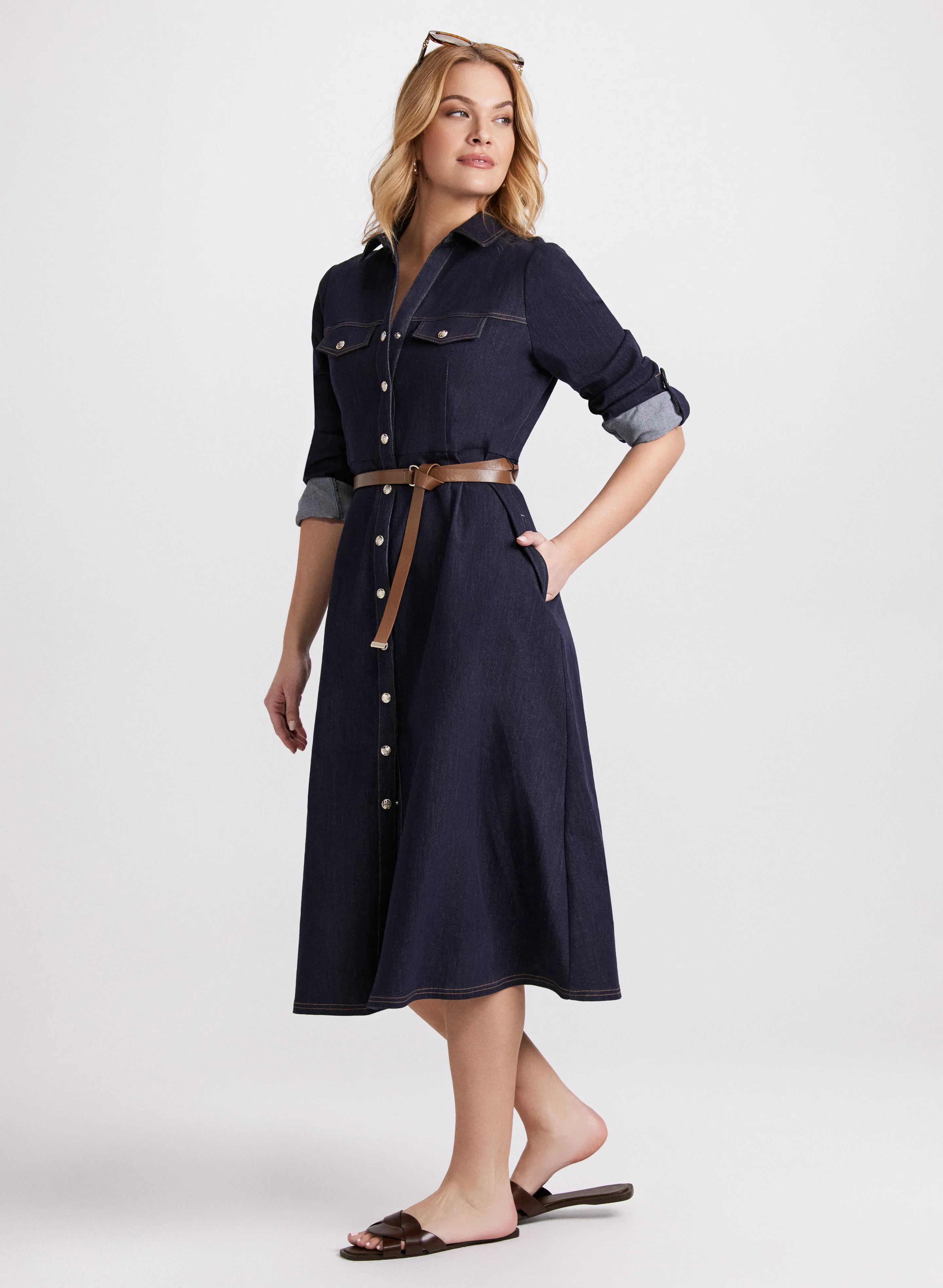 Belted Denim Button-Down Midi Dress - Image 3