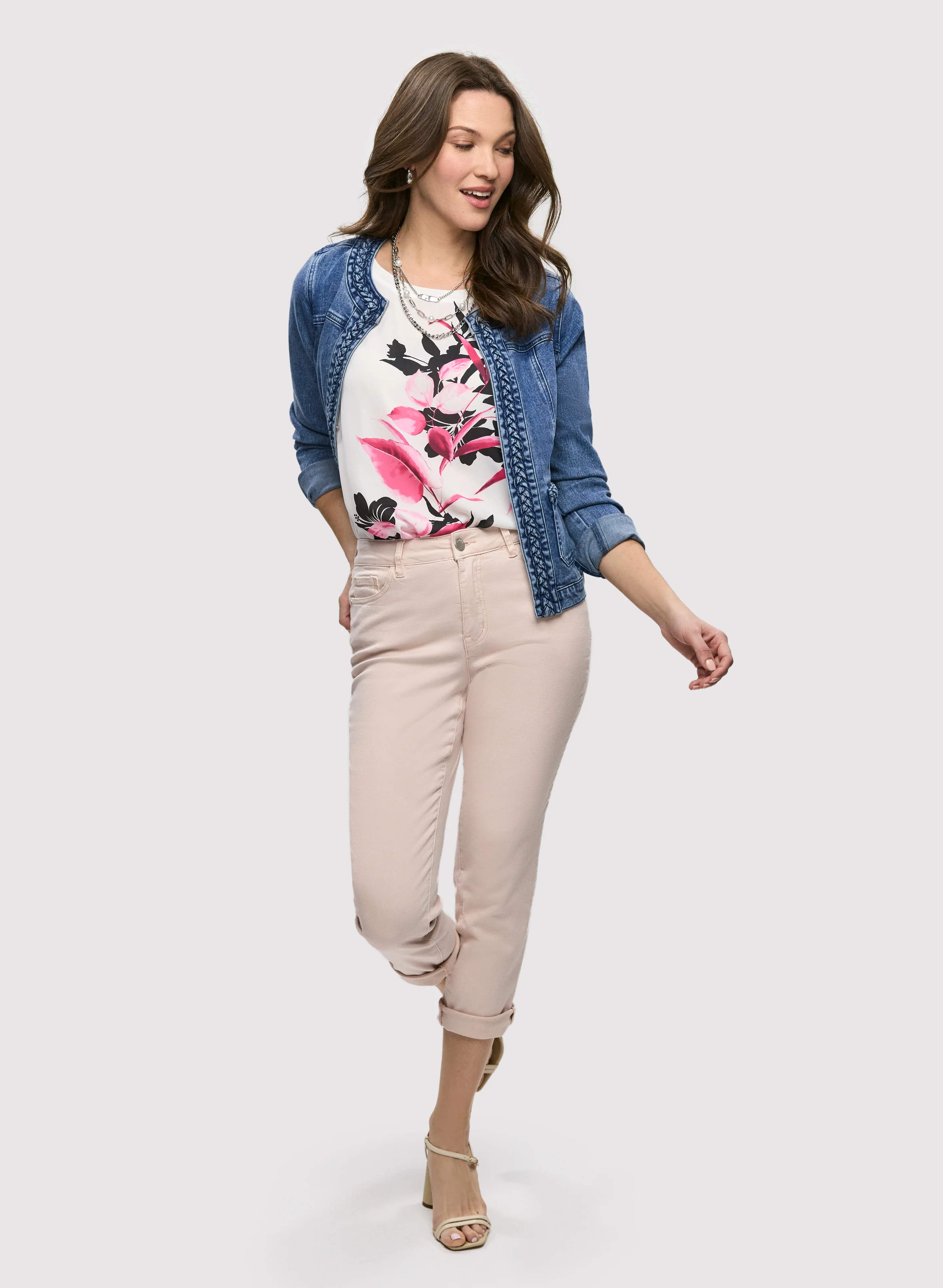 Braid Trim Denim Jacket & Slim Leg Ankle Jeans
