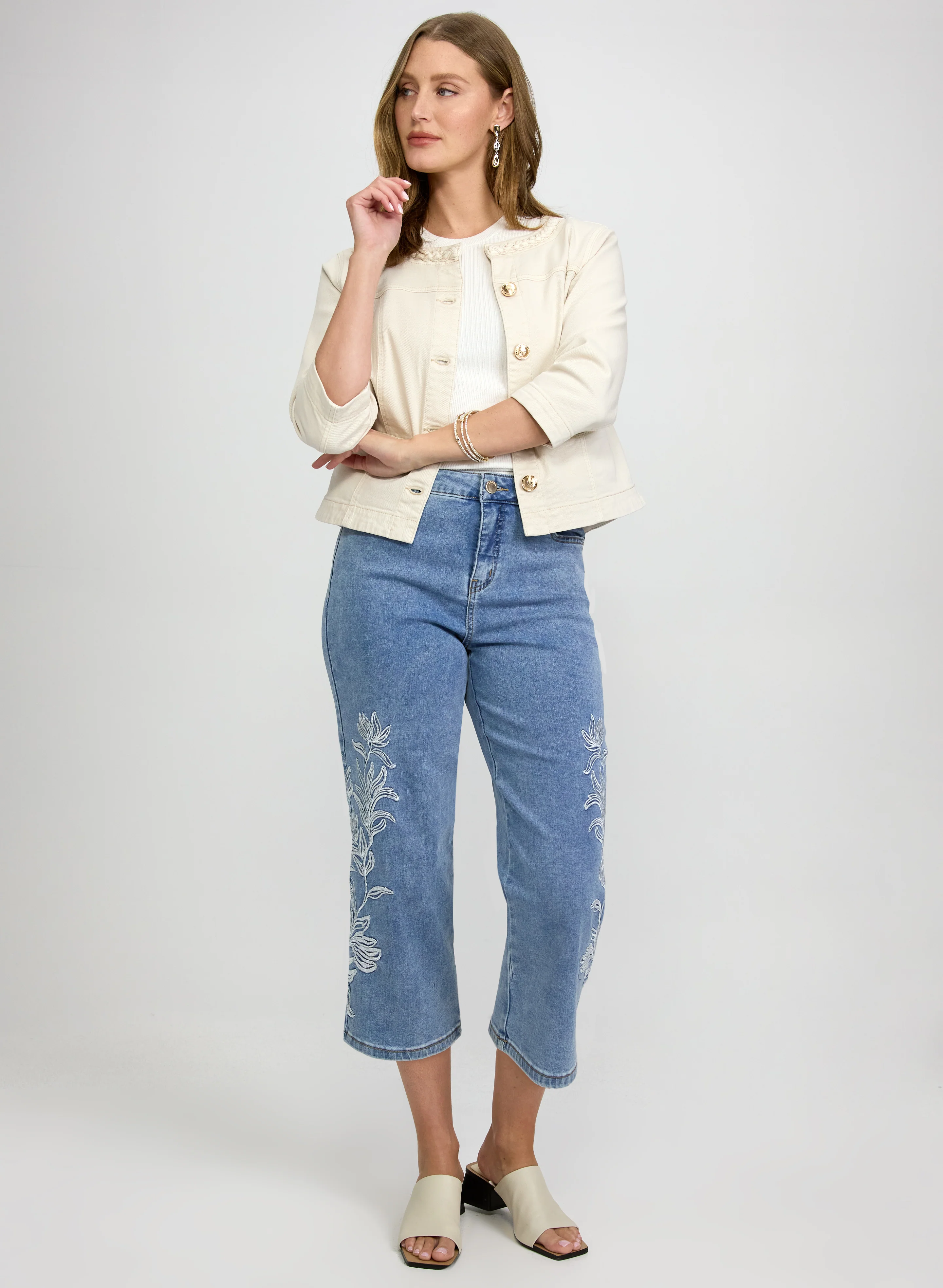 Braided Trim Denim Jacket & Embroidered Straight-Leg Capris