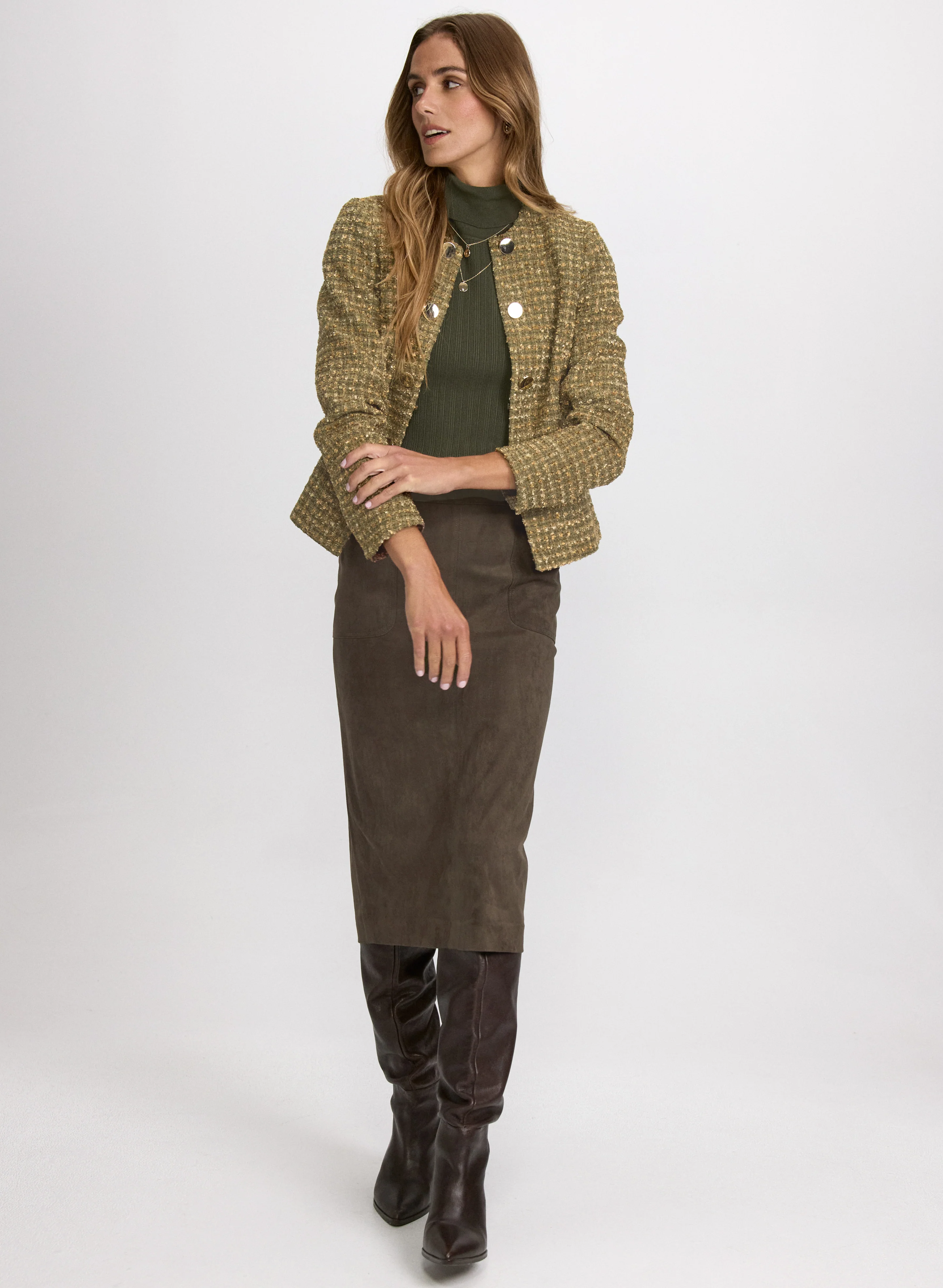 Button Detail Bouclé Jacket & Vegan Suede Pencil Skirt