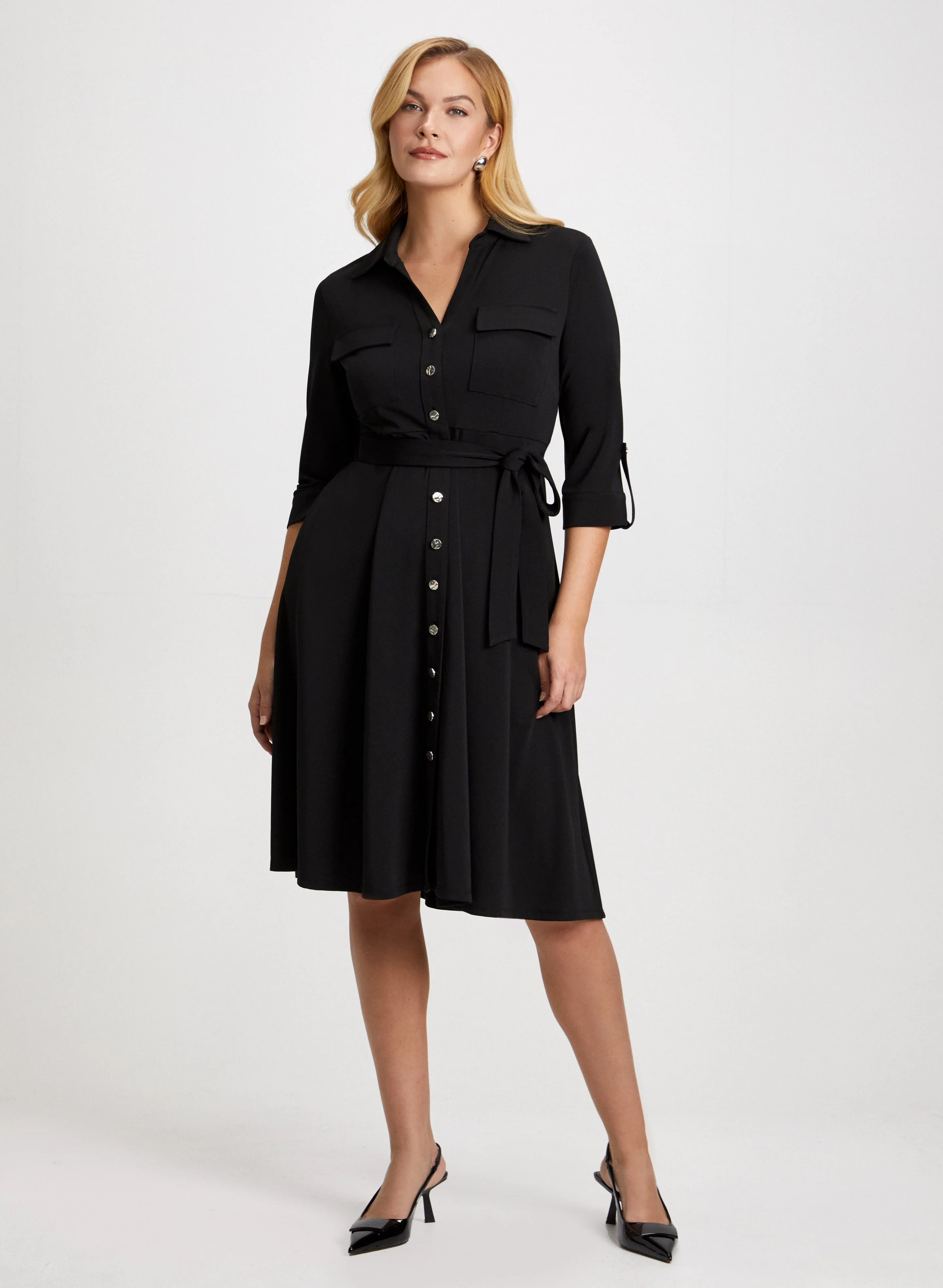 Button Front Dress & Dome Earrings