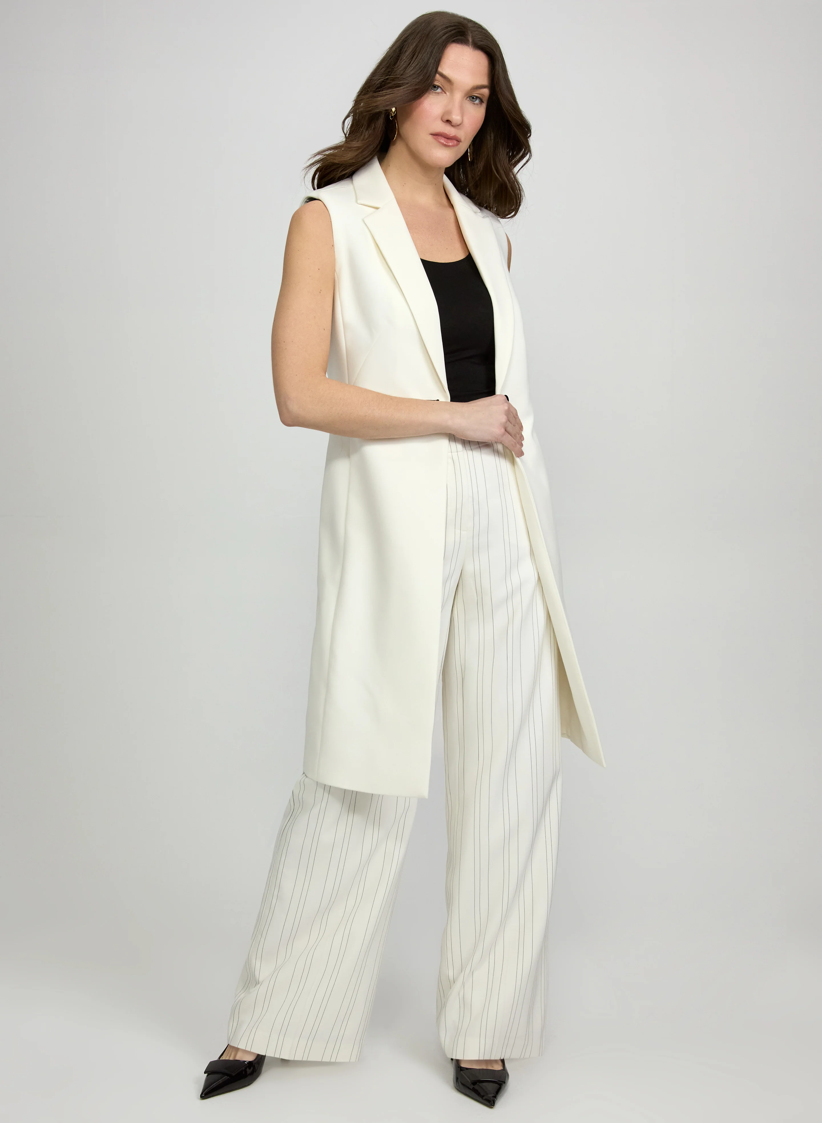 Button-Front Longline Vest & Olivia Pinstripe Pants