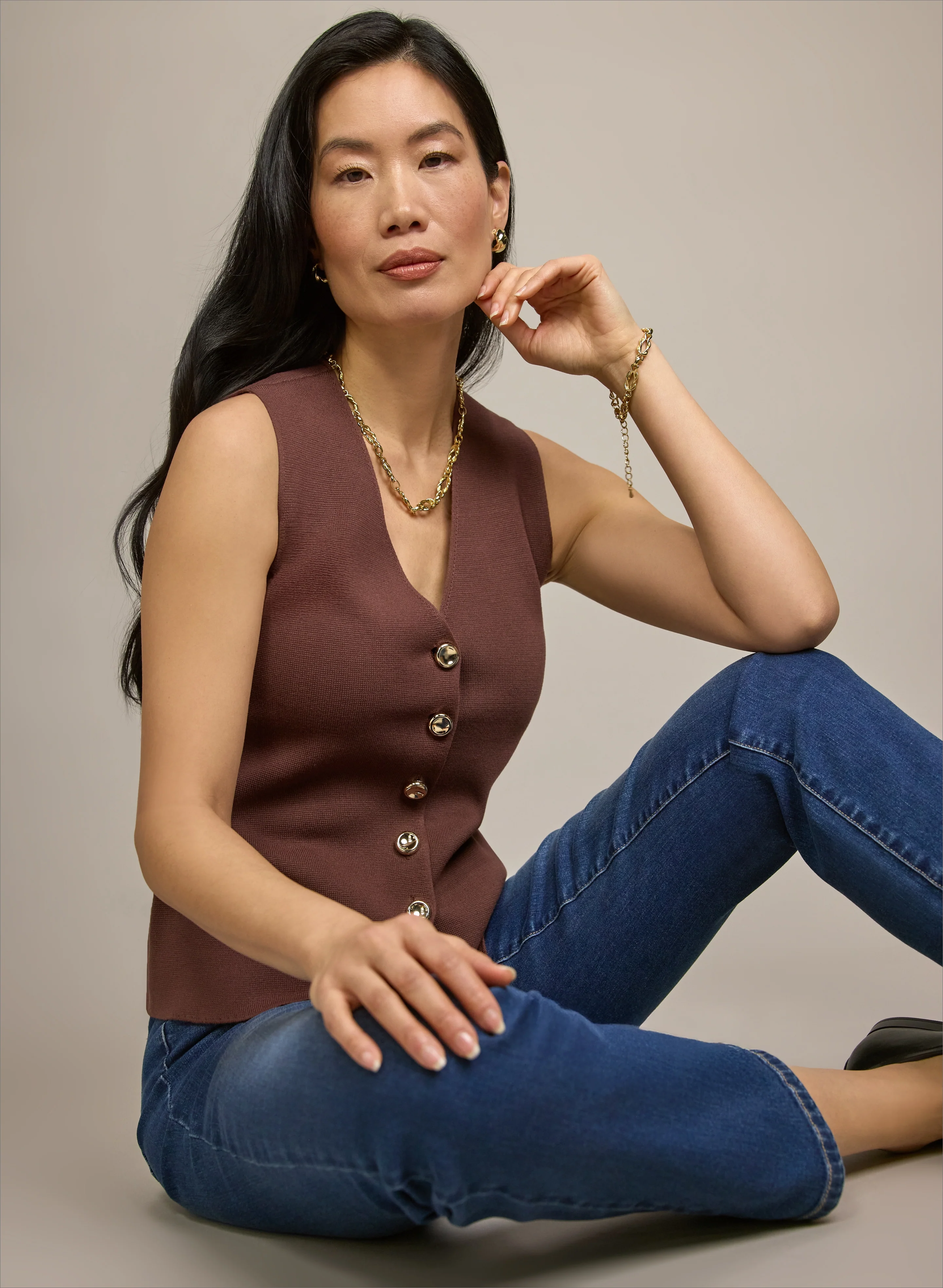 Button Knit Vest & Straight-Leg Jeans