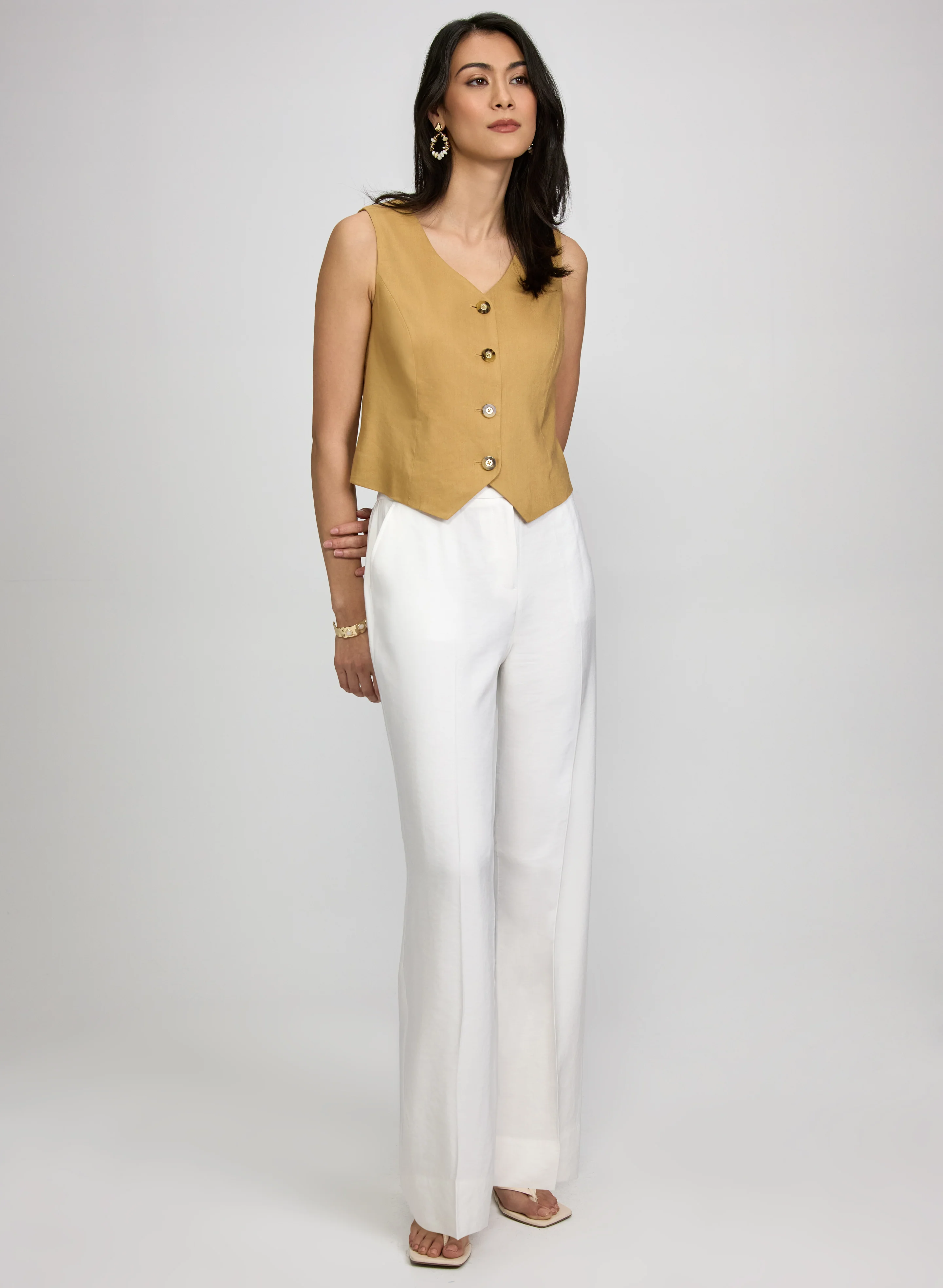 Button Linen-Blend Vest & Belted Wide-Leg Pants