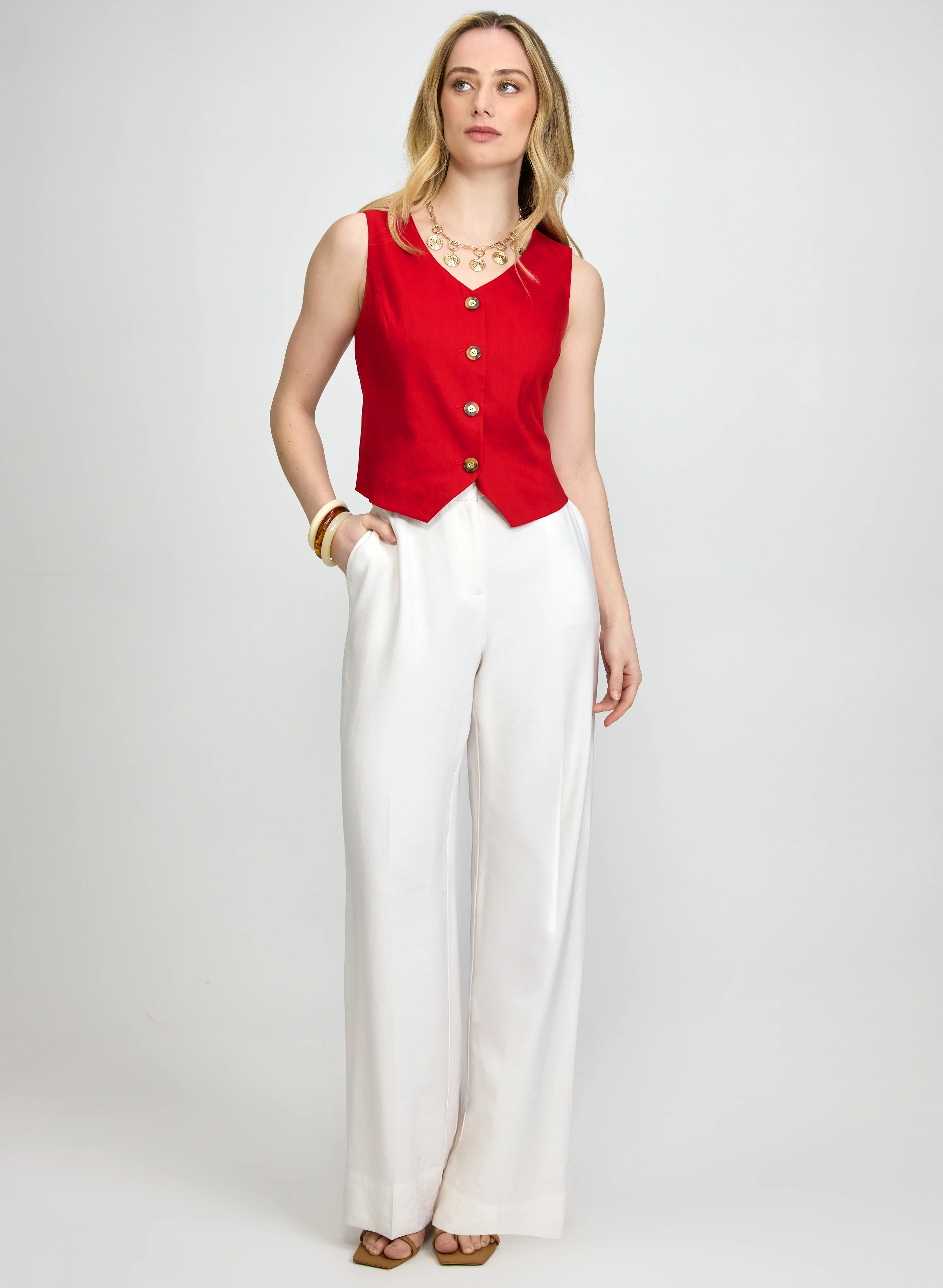 Button Linen-Blend Vest & Olivia Belted Wide-Leg Pants