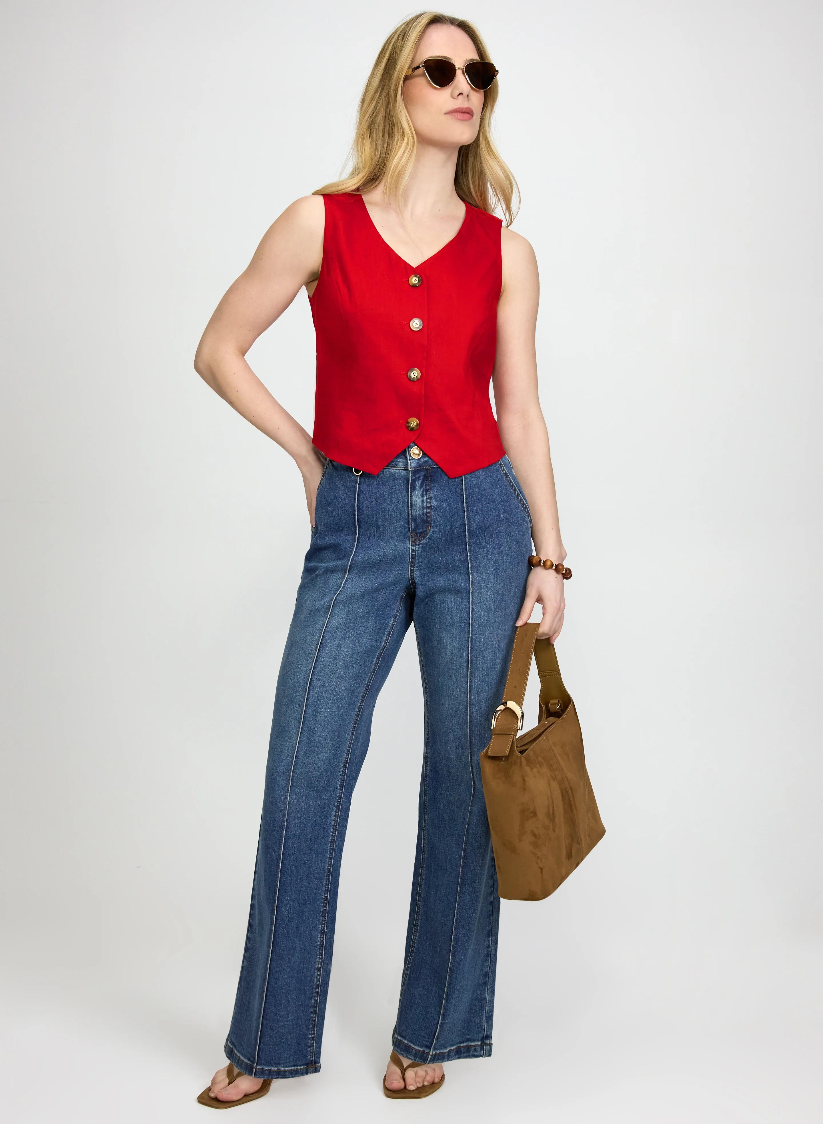 Button Linen-Blend Vest & Pinched Seam Flare-Leg Jeans
