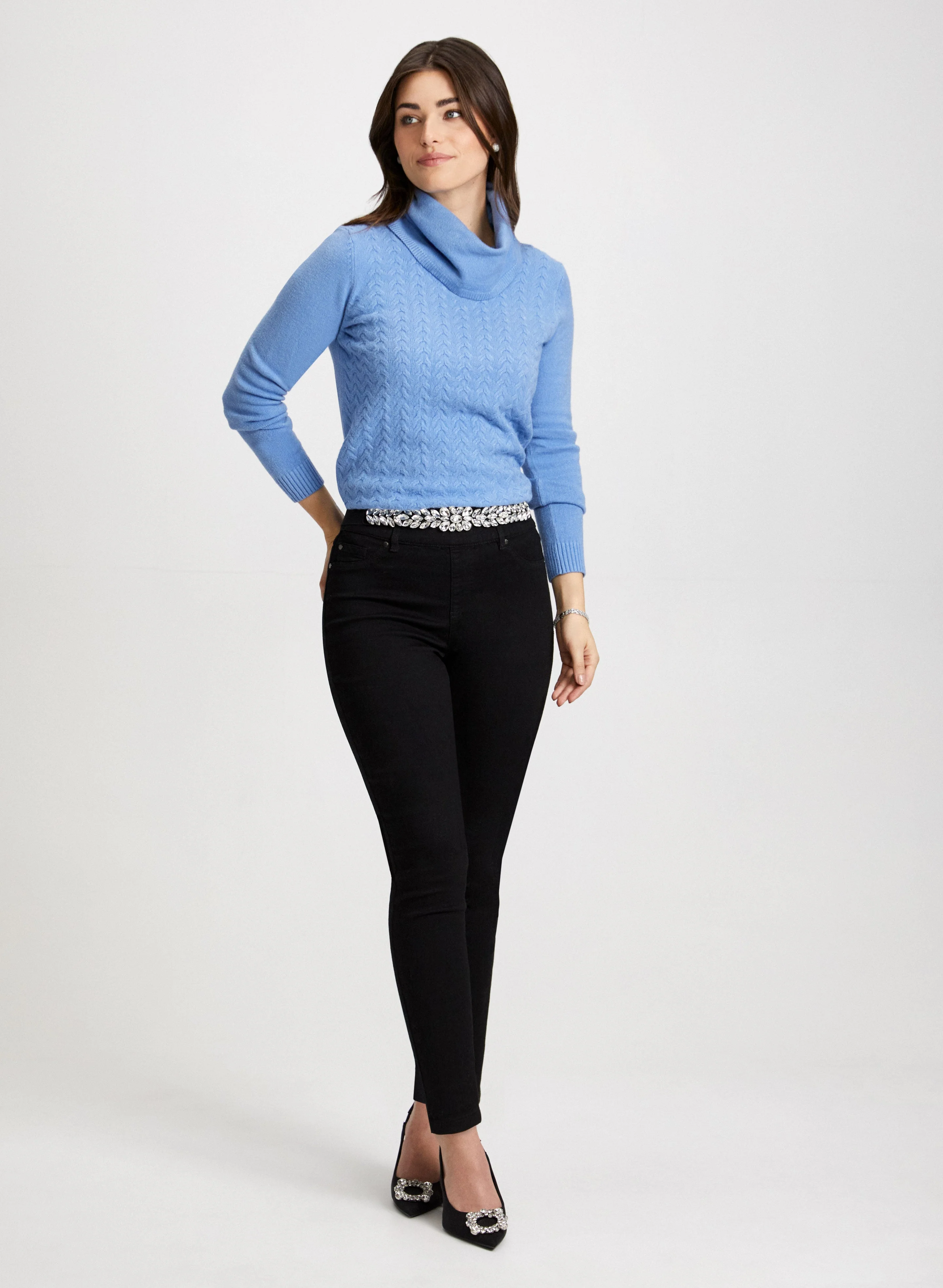 Cable Knit Sweater & Slim Leg Jeans