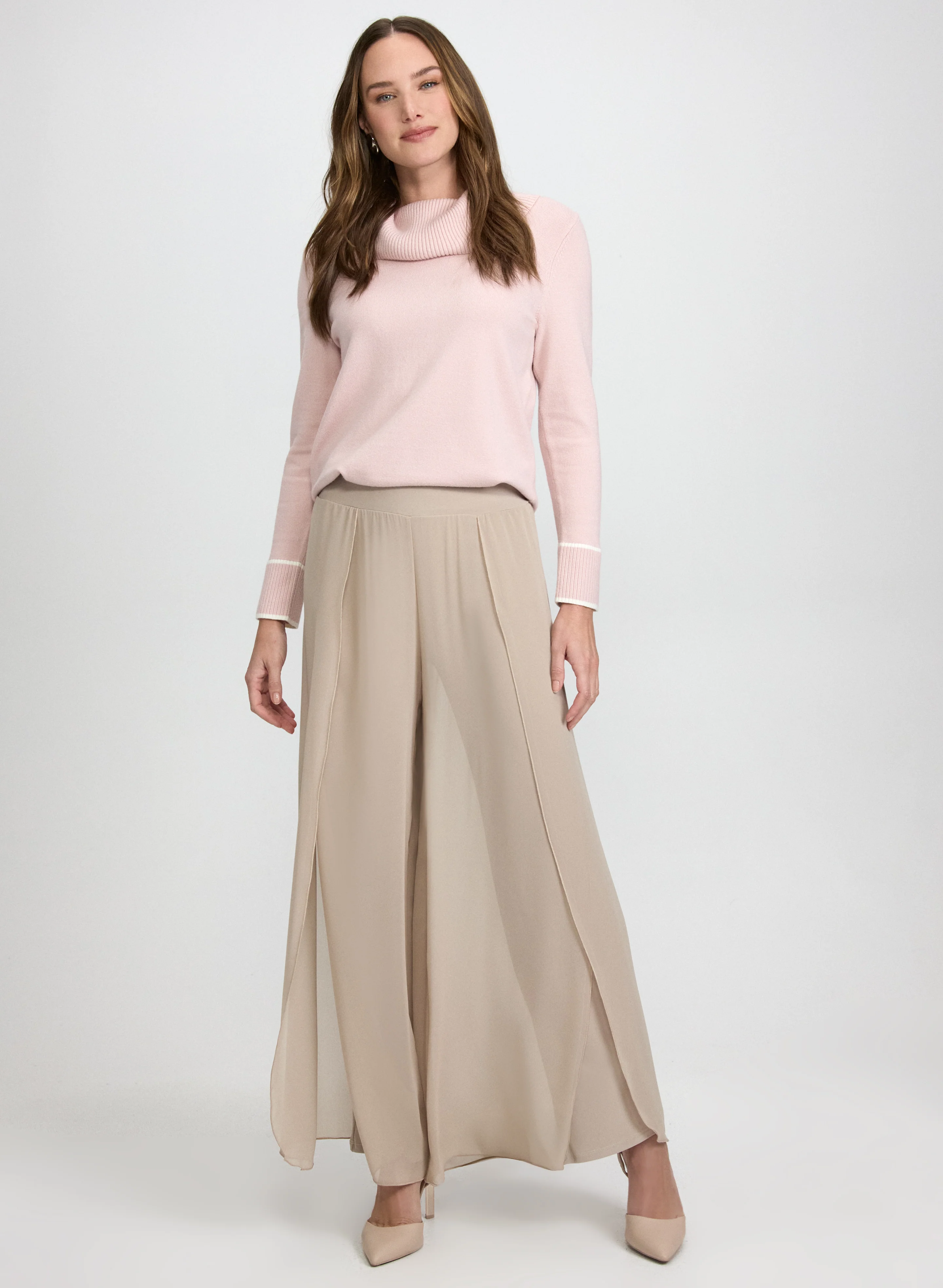 Contrast Cowl Neck Sweater & Chiffon Overlay Pants