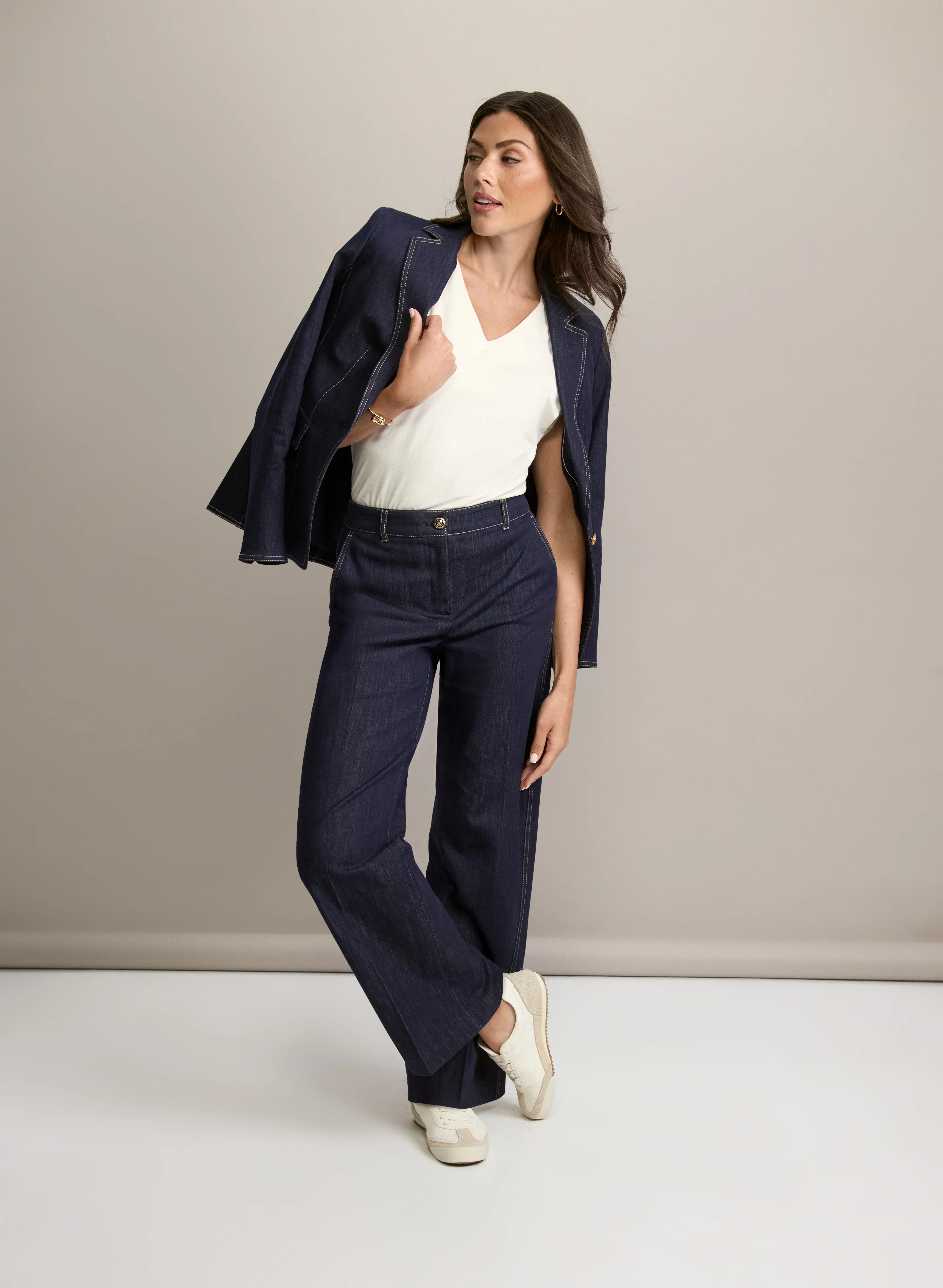 Contrast Stitch Denim Blazer & Denim Wide-Leg Pants