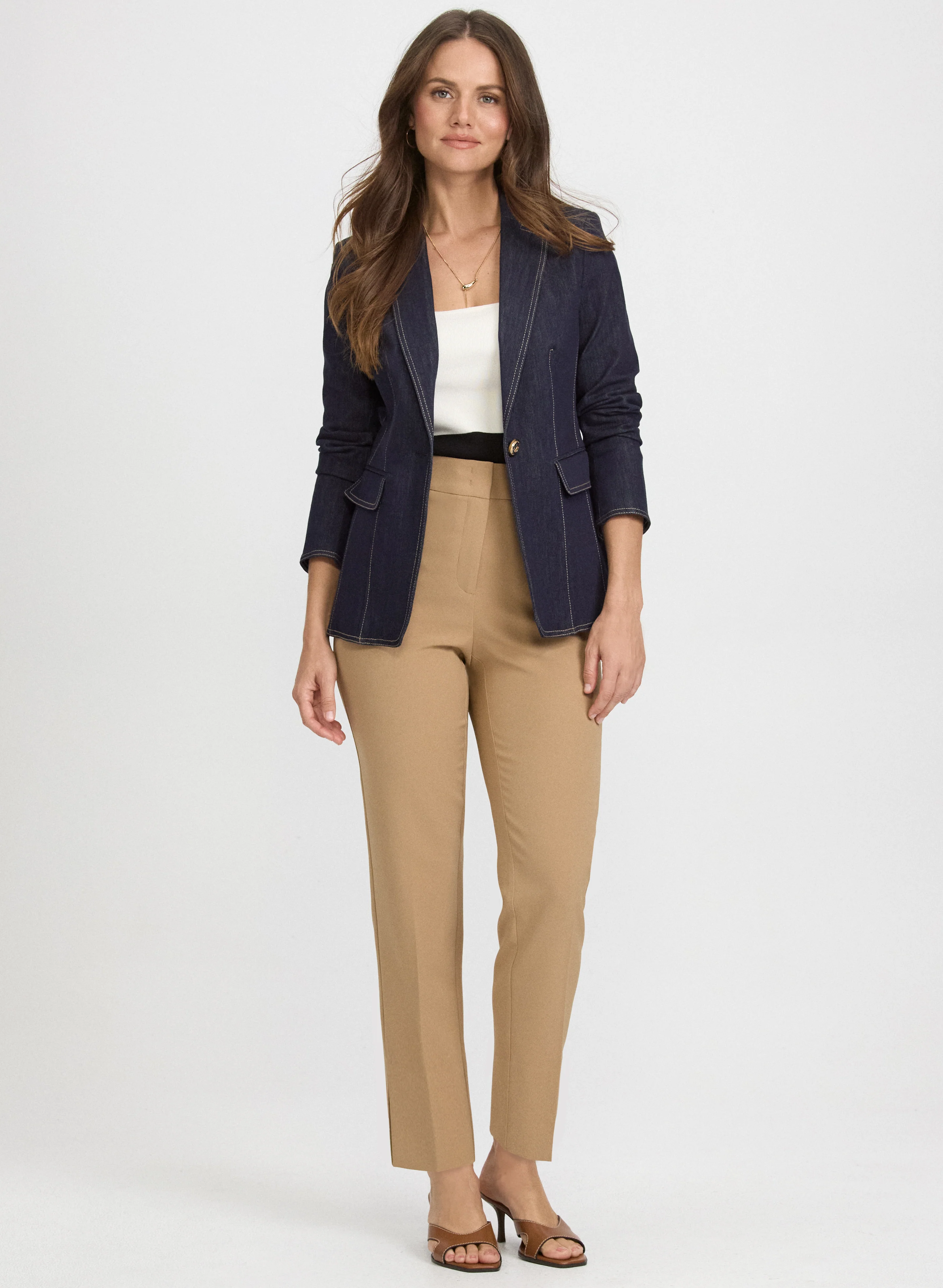 Contrast Stitch Denim Blazer & Emma Slim-Leg Pants