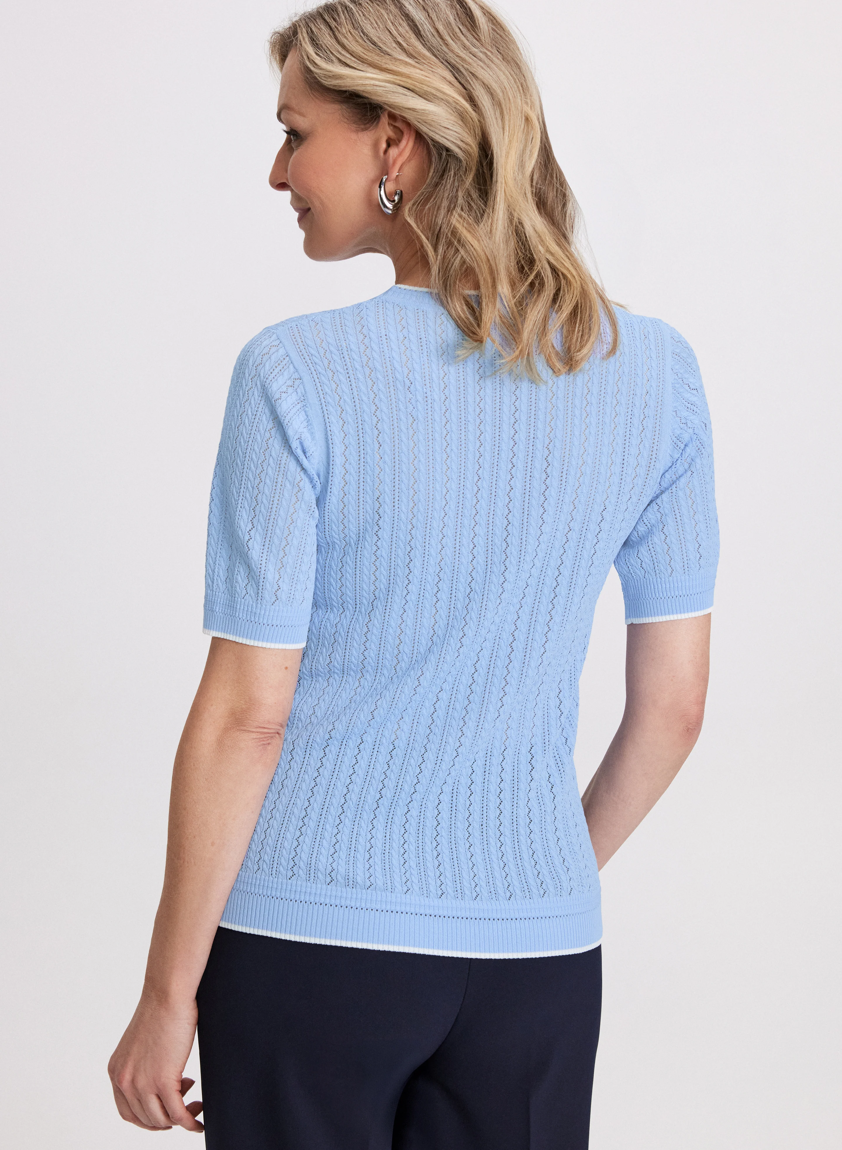 Contrasting Trim Pointelle Knit T-Shirt - Image 4