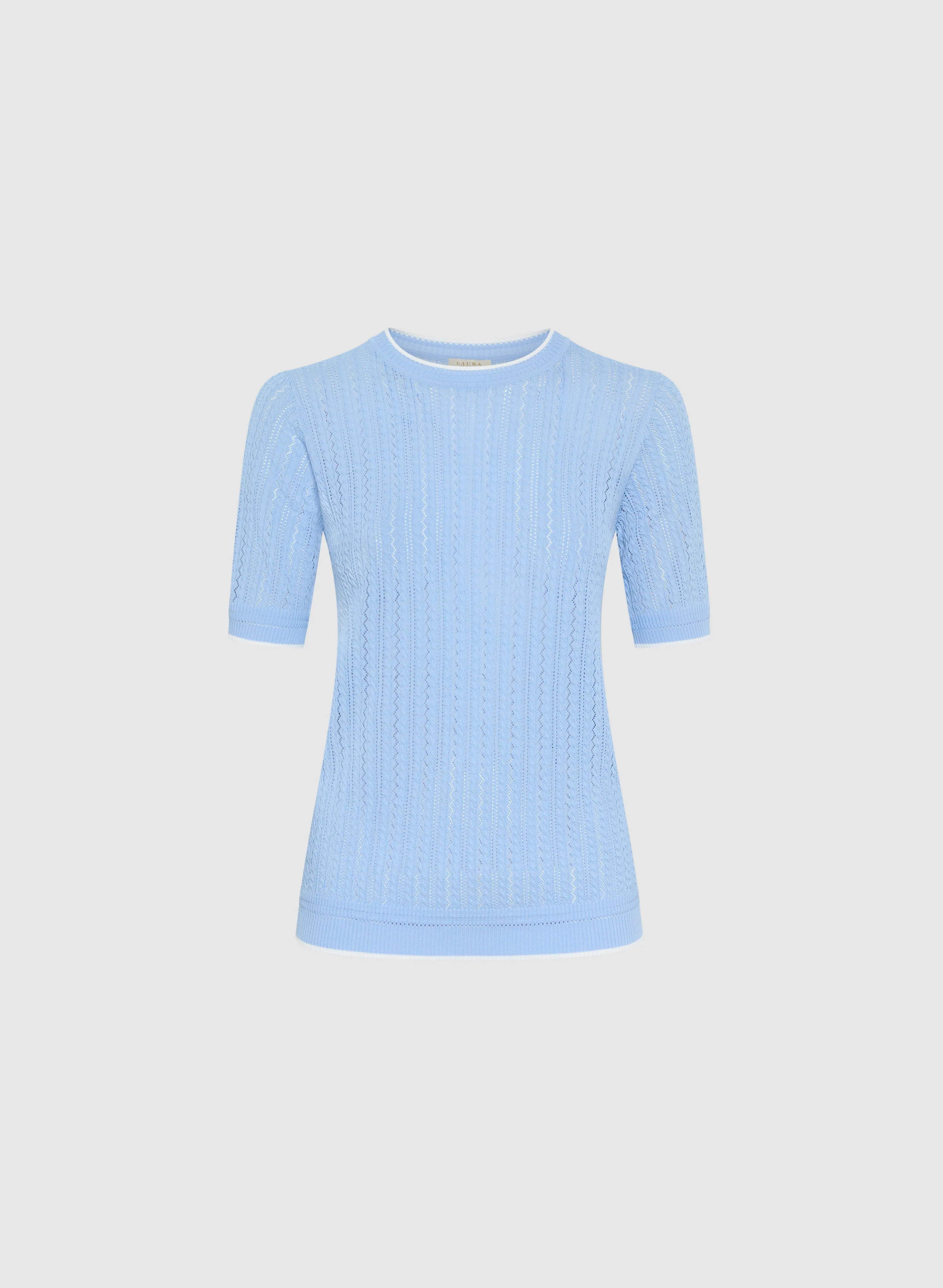 Contrasting Trim Pointelle Knit T-Shirt - Image 6