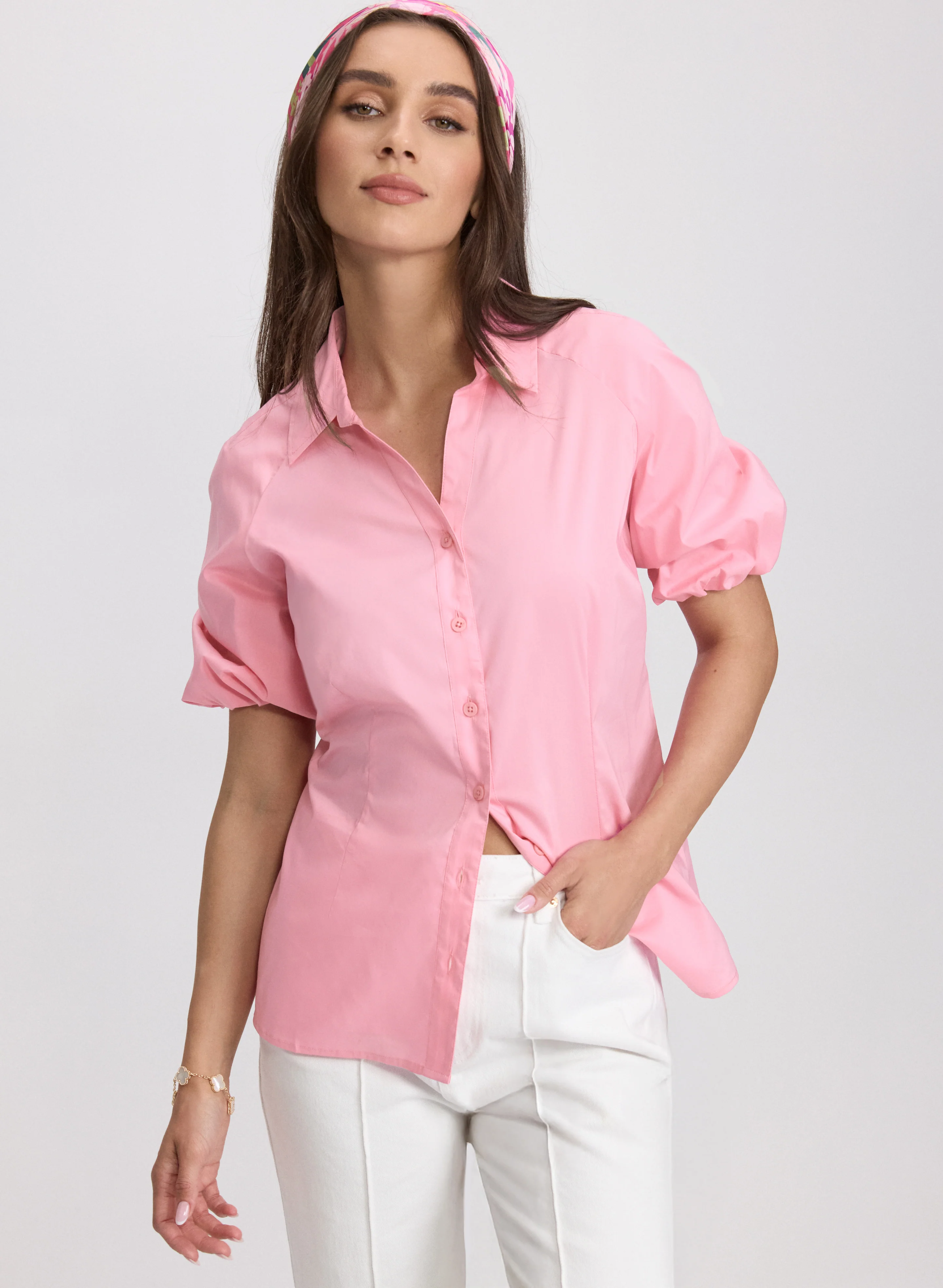 Cotton-Blend Puff-Sleeve Blouse