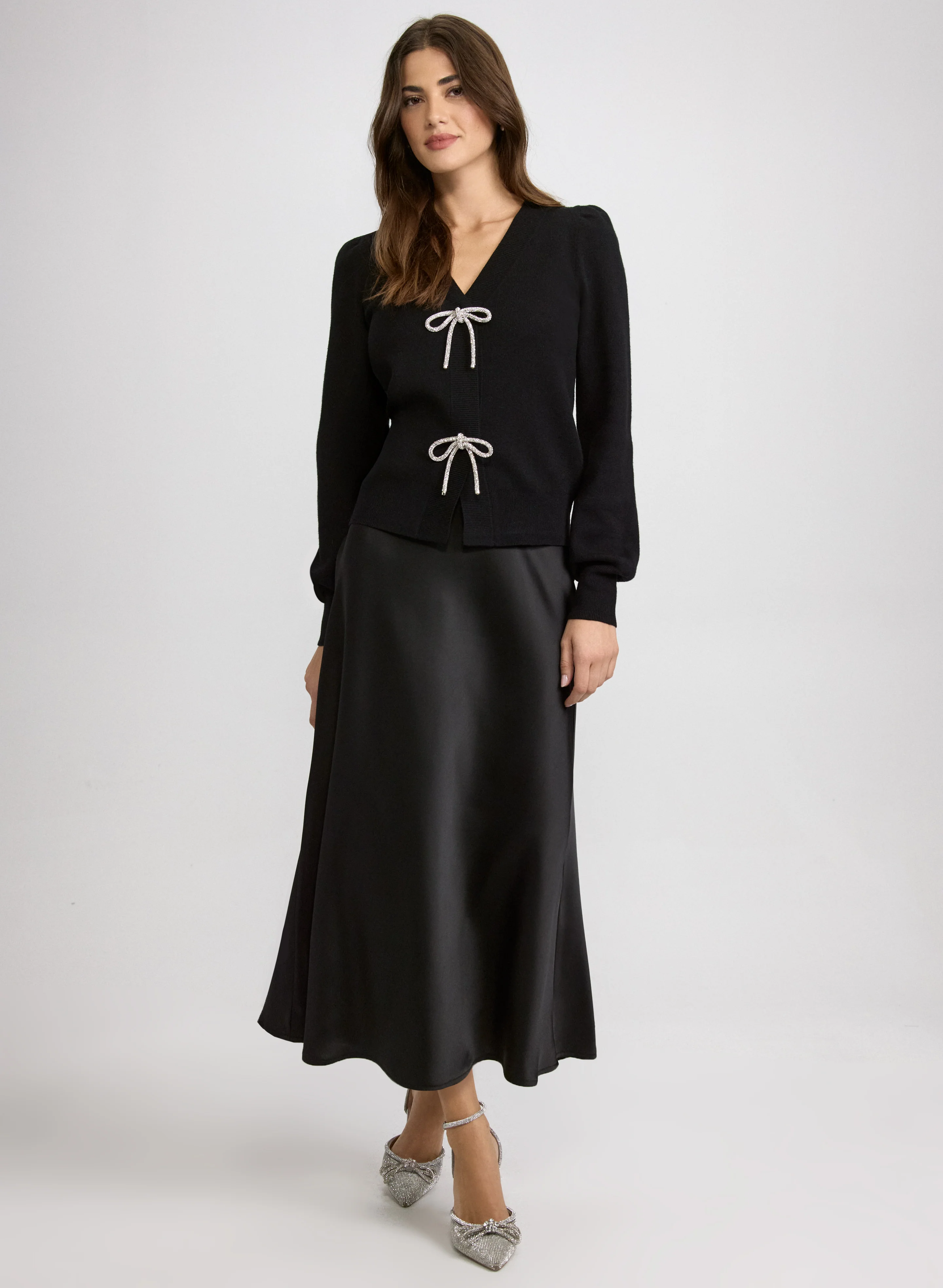 Crystal Bow Cardigan & Satin Bias Cut Skirt