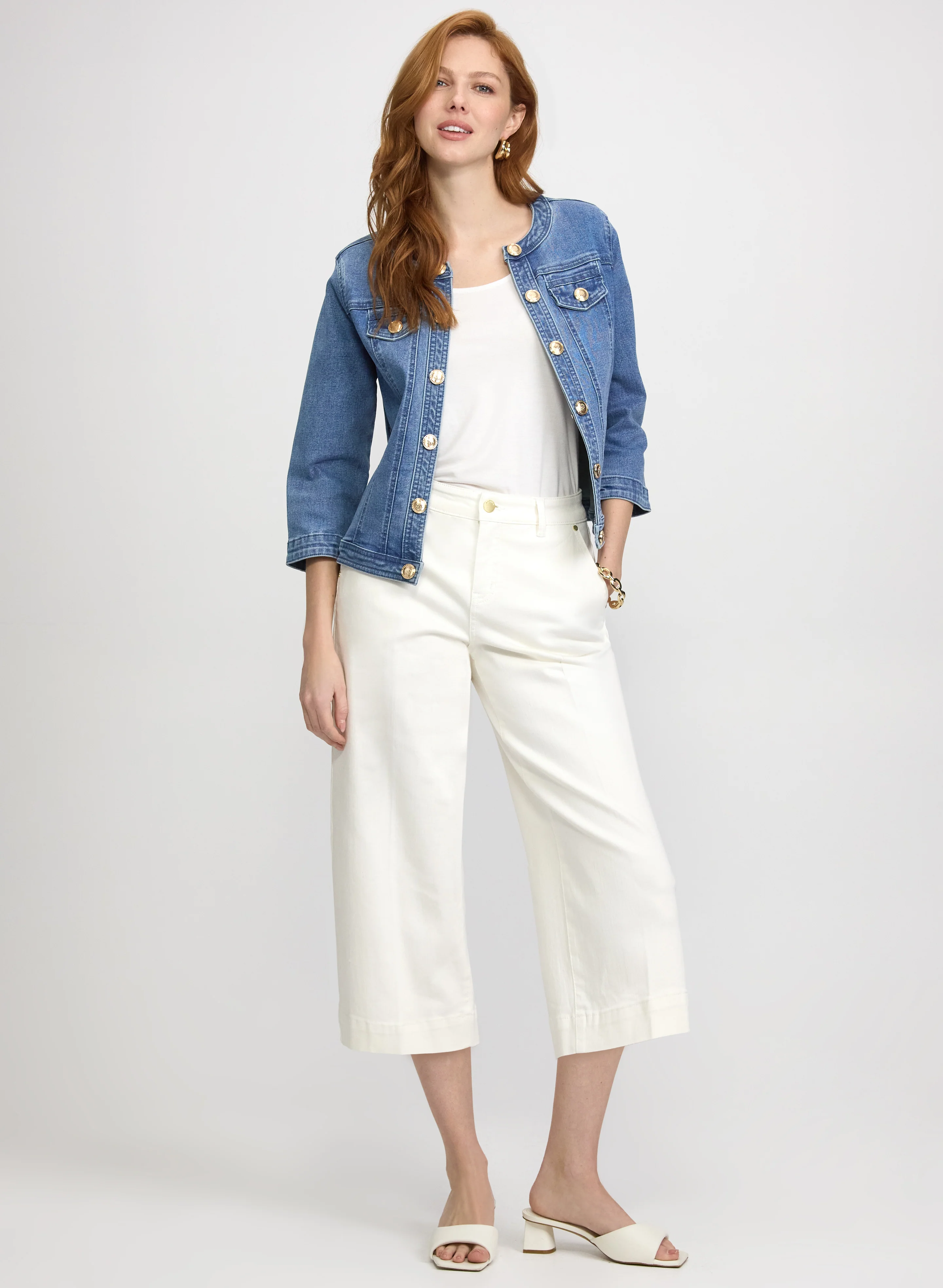 Decorative Button-Front Denim Jacket & Scarf Detail Denim Capris