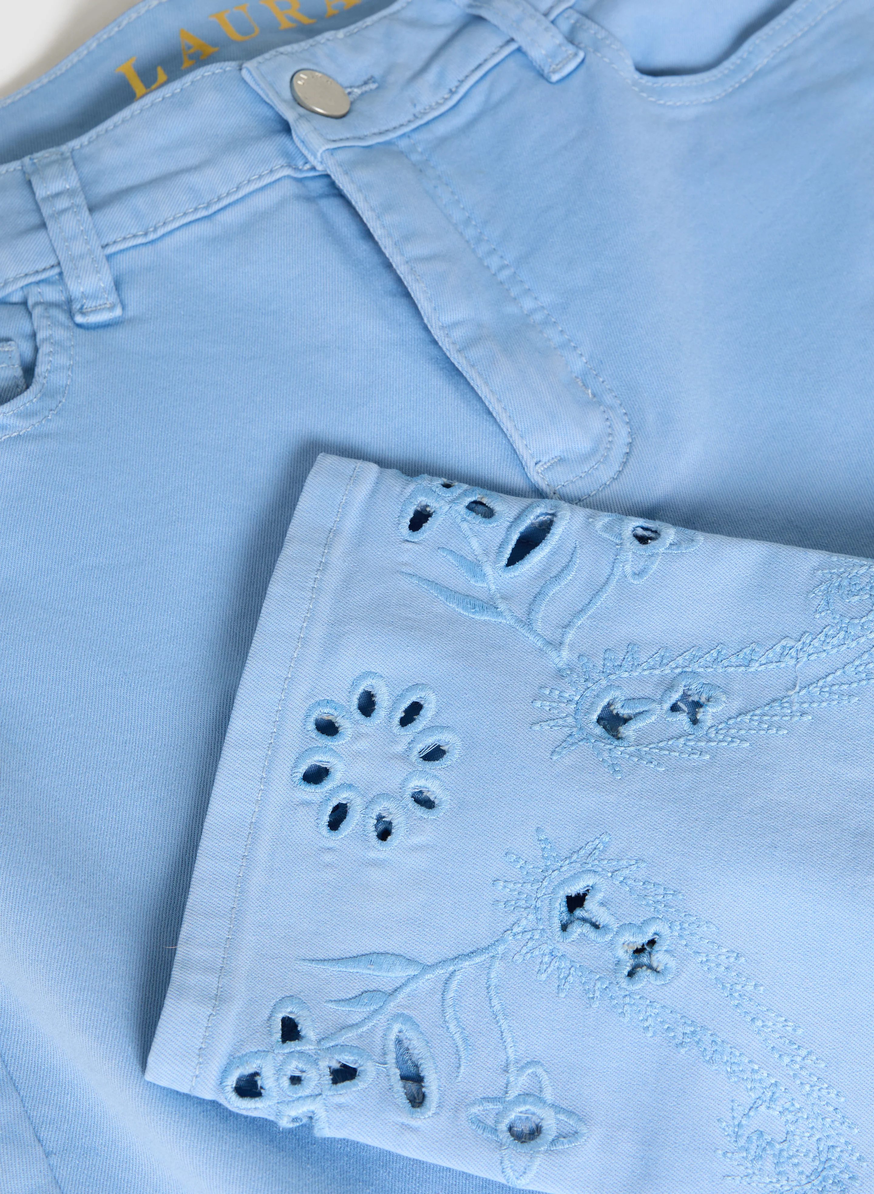 Denim Embroidered Hem Capris - Image 7