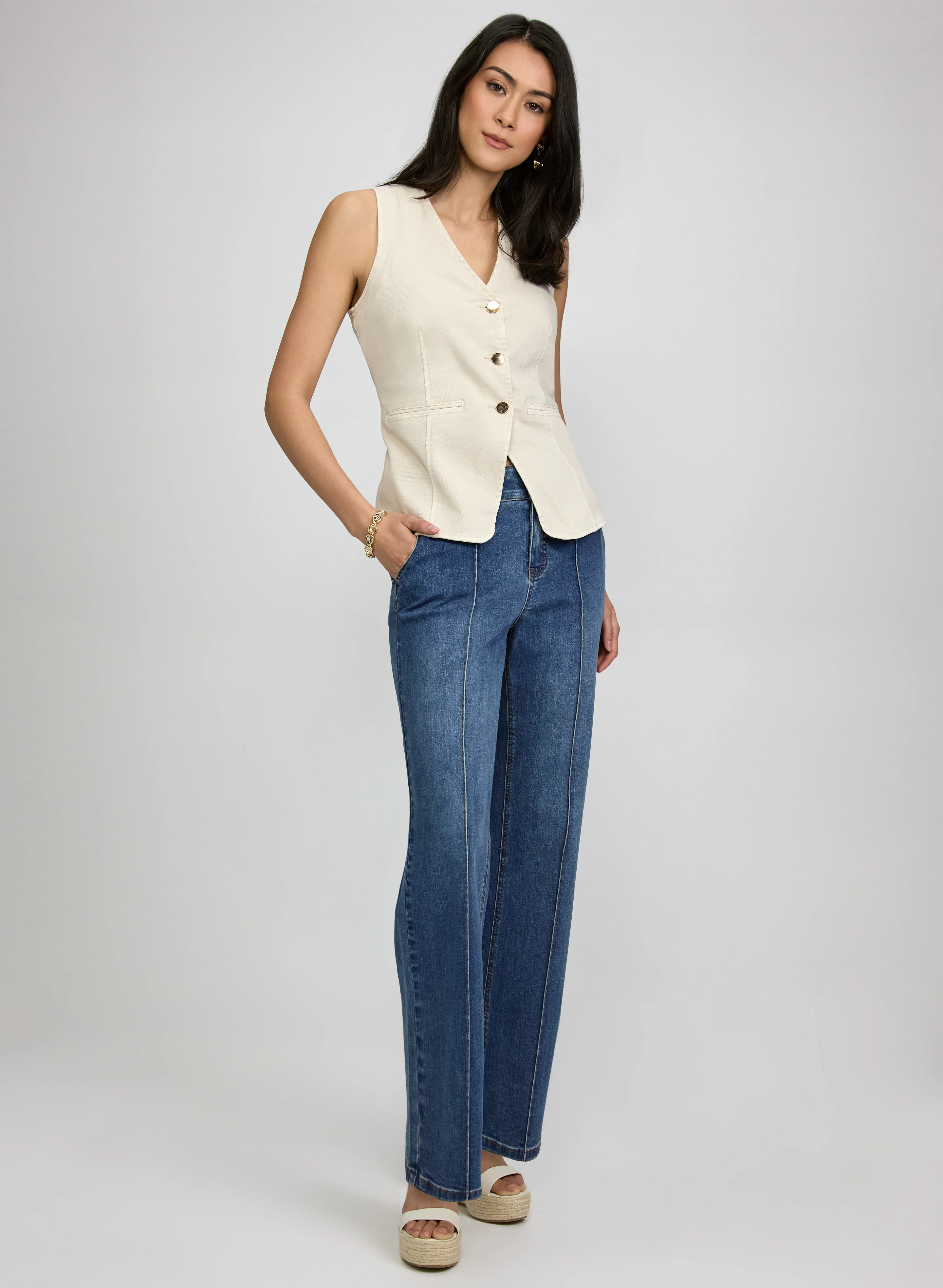 Denim Vest & Pinched Seam Flare-Leg Jeans