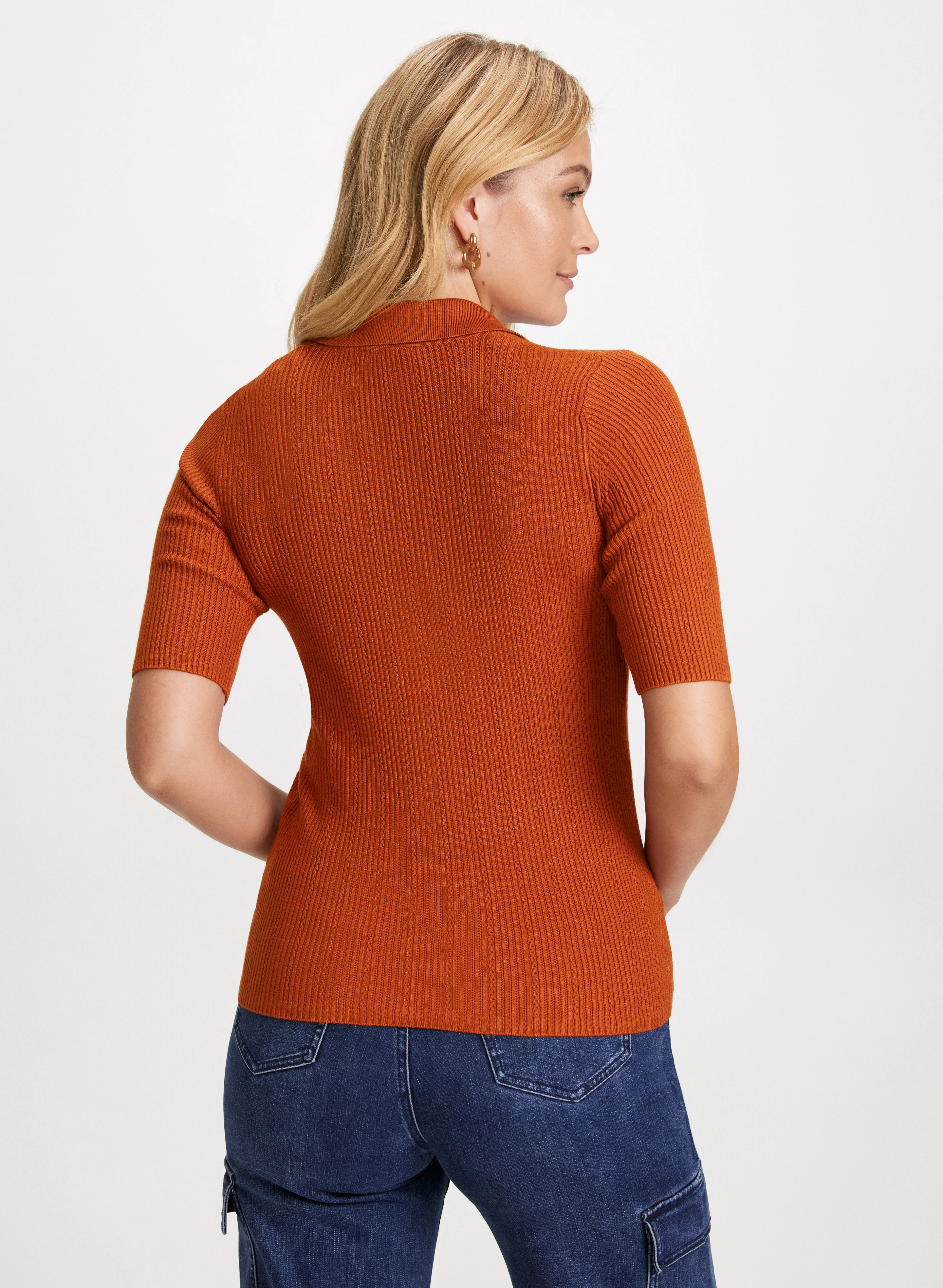 Elbow Sleeve Pointelle Knit Sweater - Image 4