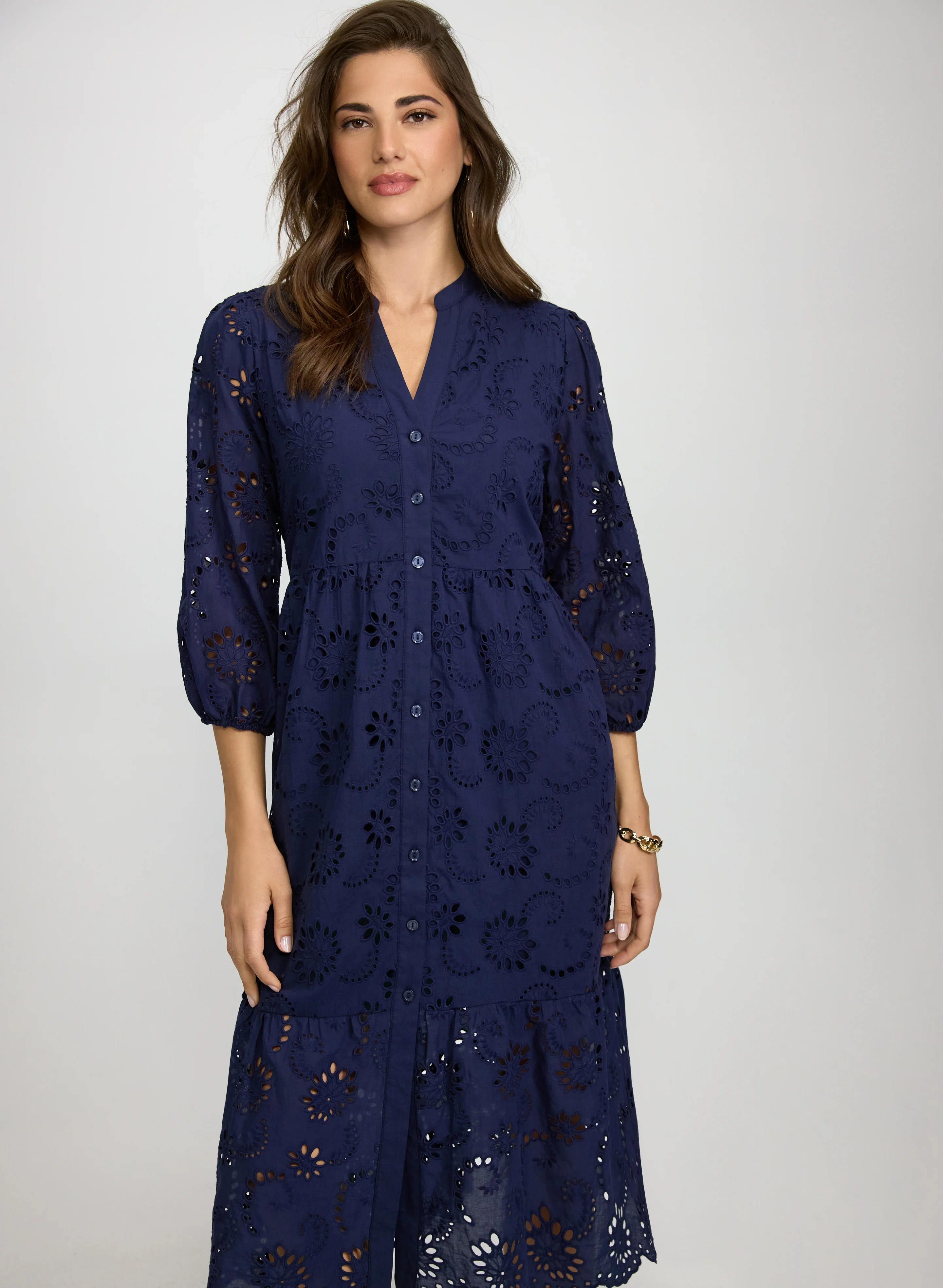 Embroidered Button-Down Midi Dress