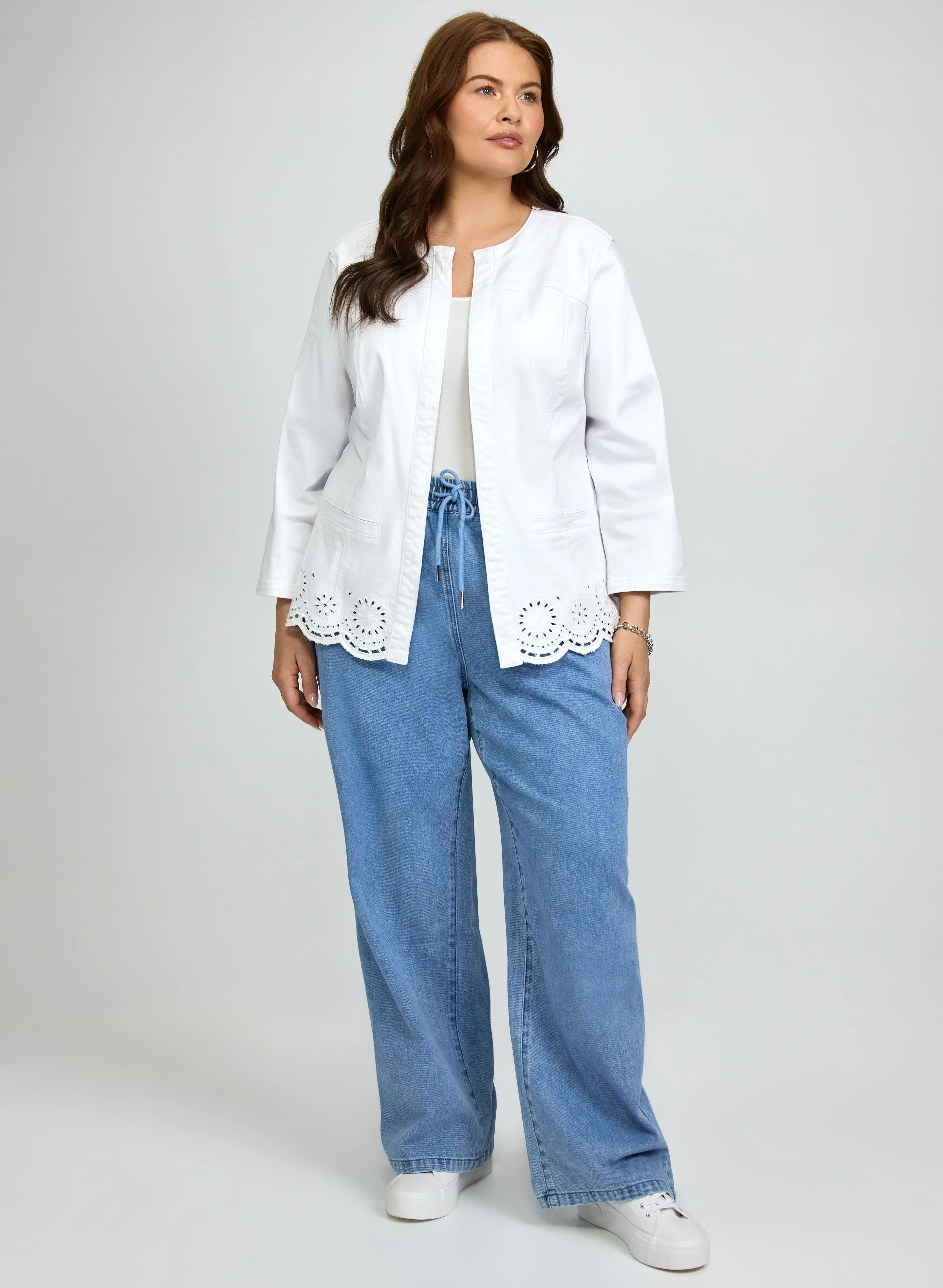 Embroidered Hem Denim Jacket & Wide-Leg Jeans
