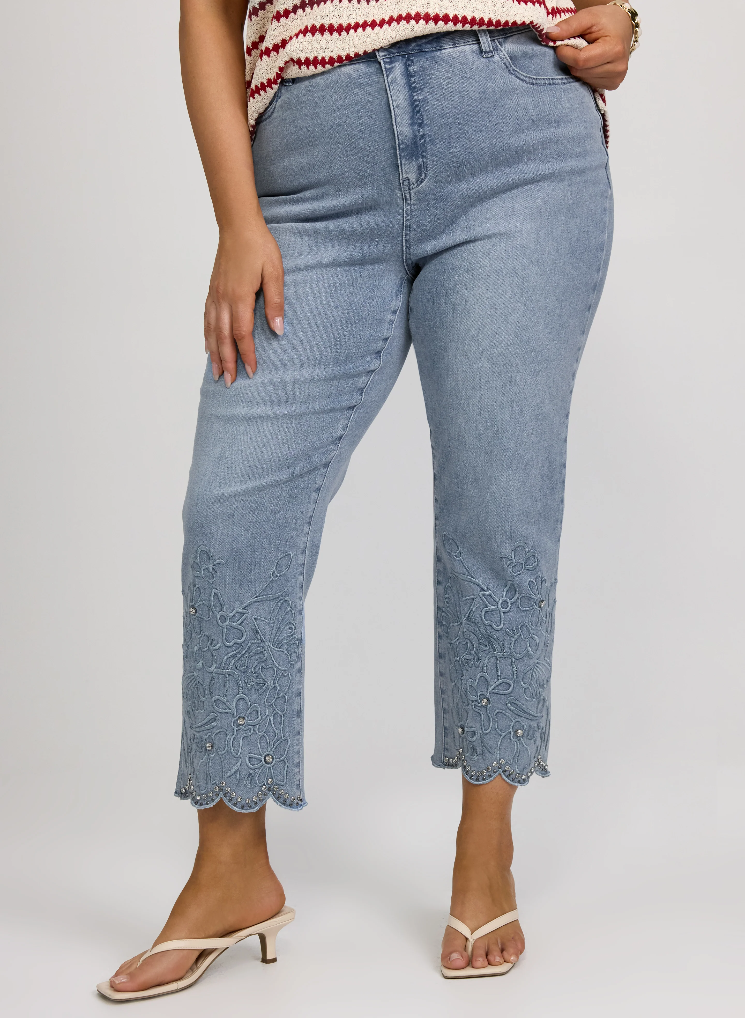 Embroidered Scalloped Hem Jeans