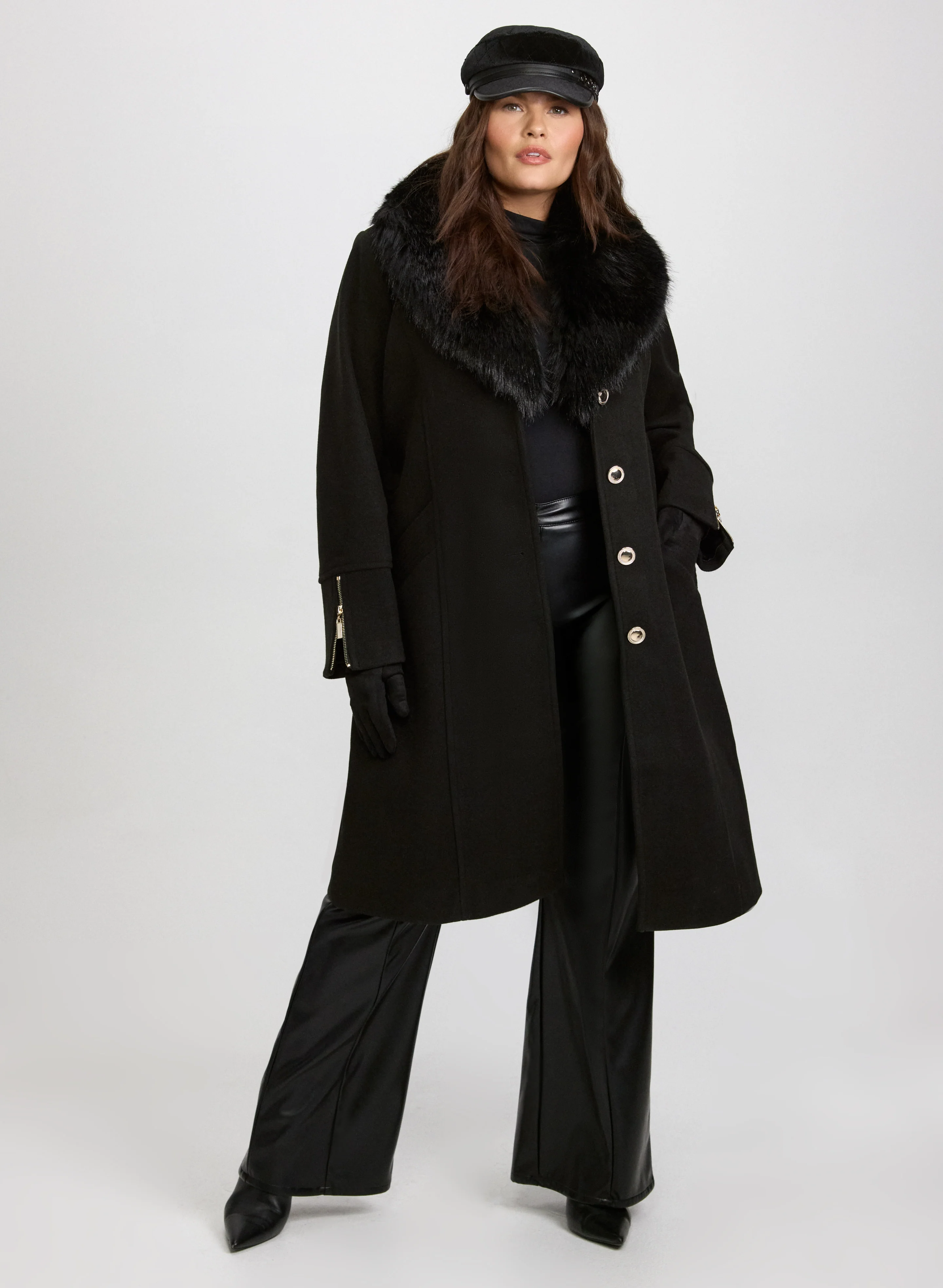 Faux-Fur Collar Coat & Vegan Leather Flare-Leg Pants