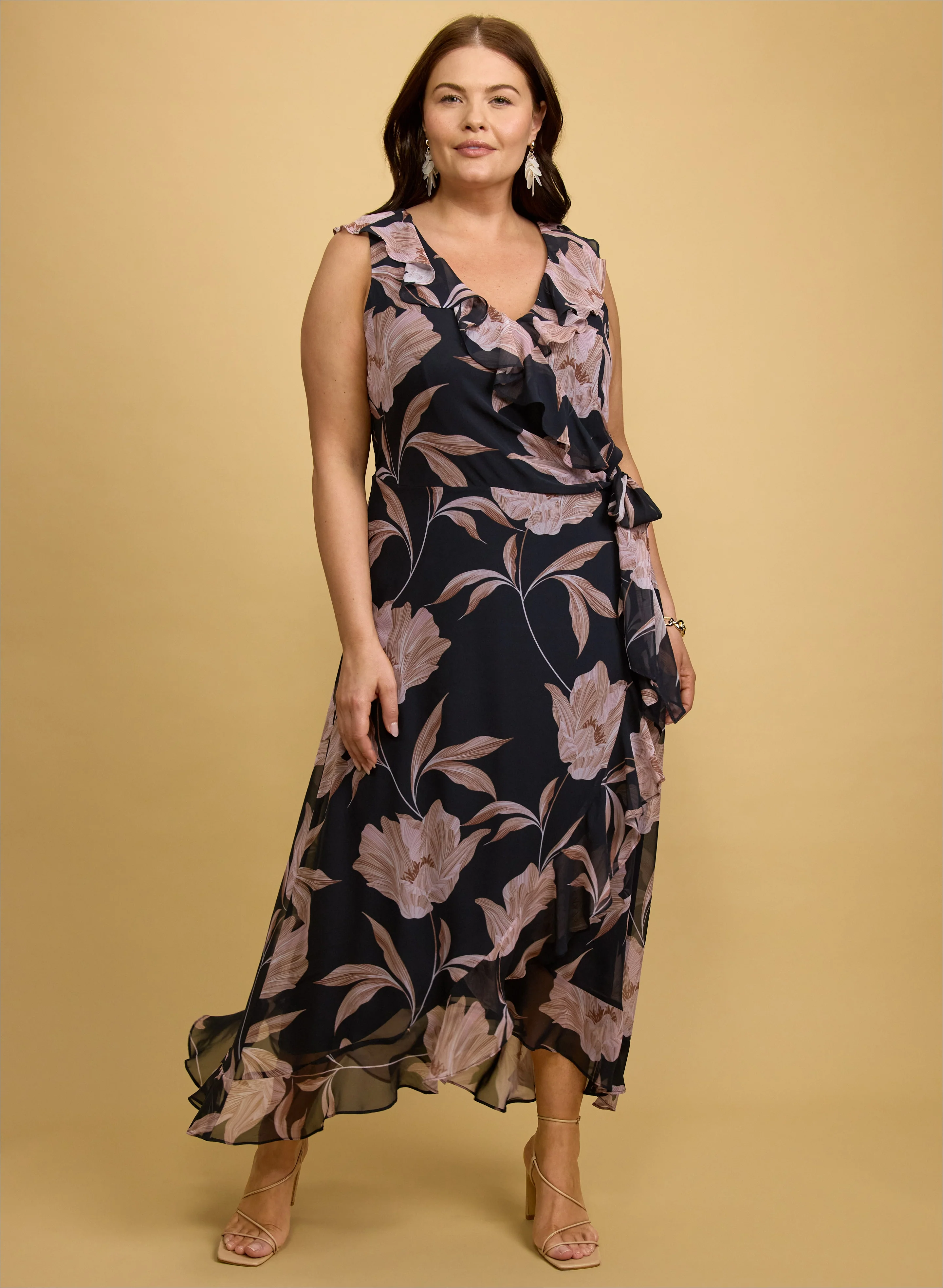 Floral Chiffon Midi Dress & Shell Cluster Earrings