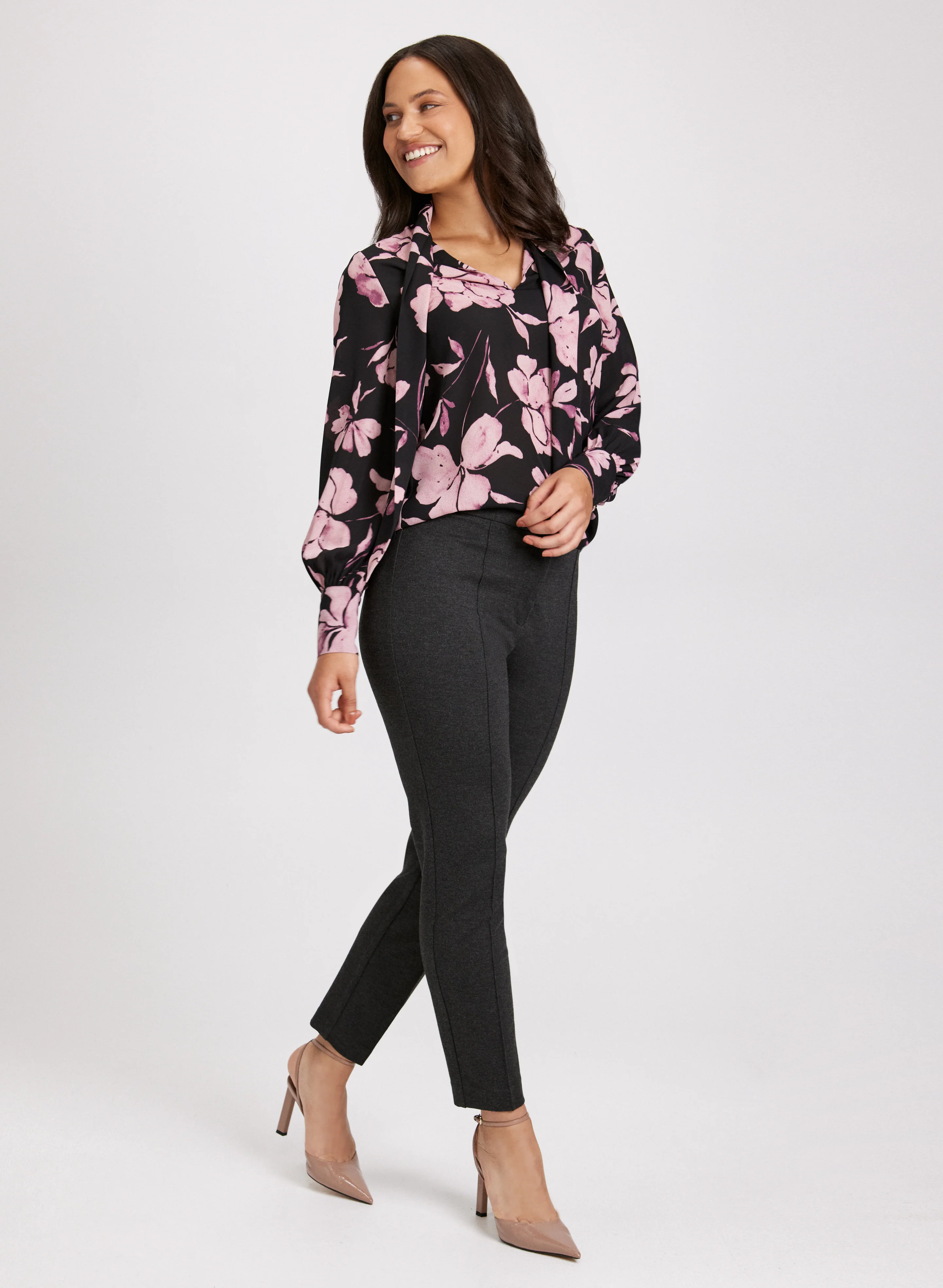 Floral Print Blouse & Slim-Leg Pants