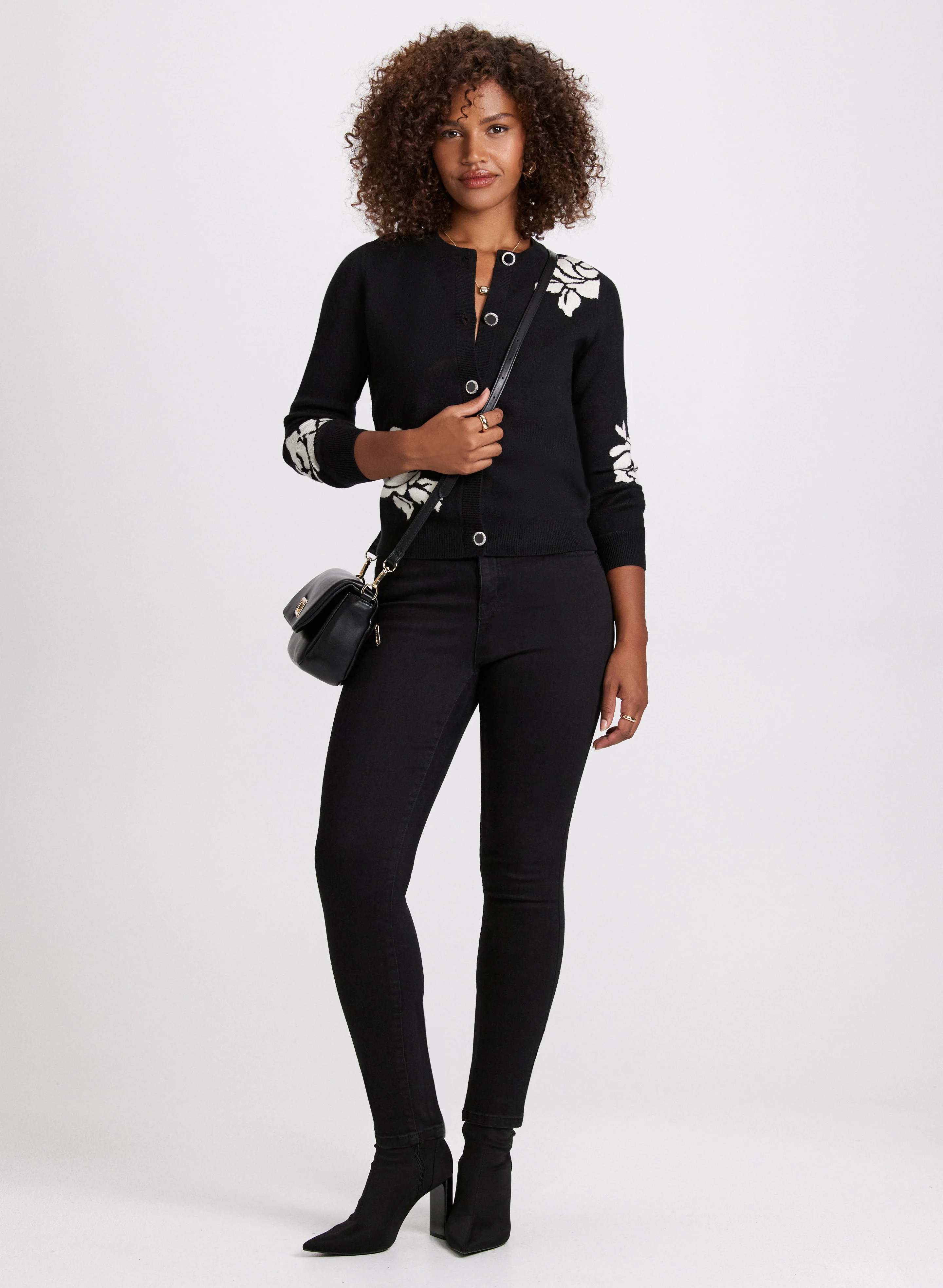 Floral Print Cardigan & Slim Leg Jeans