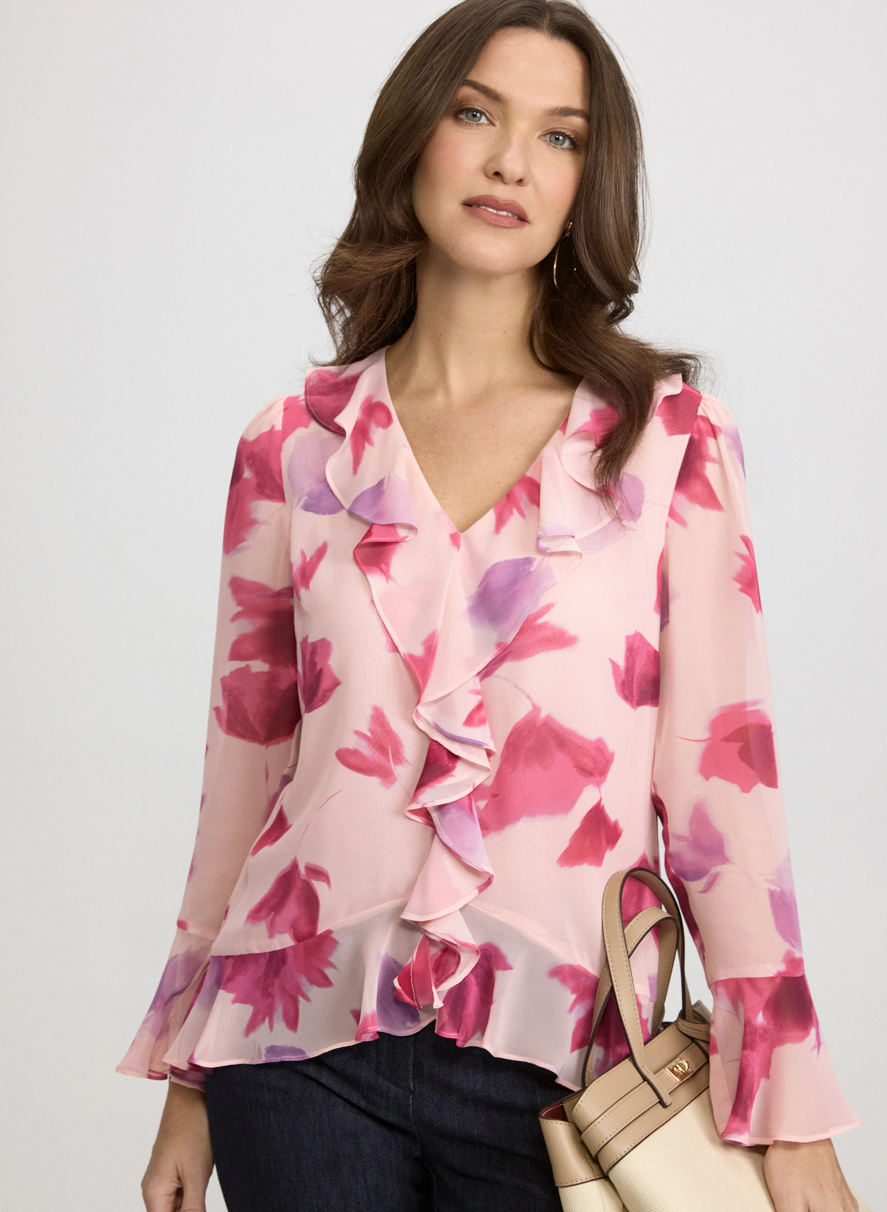 Floral Ruffle Front Blouse