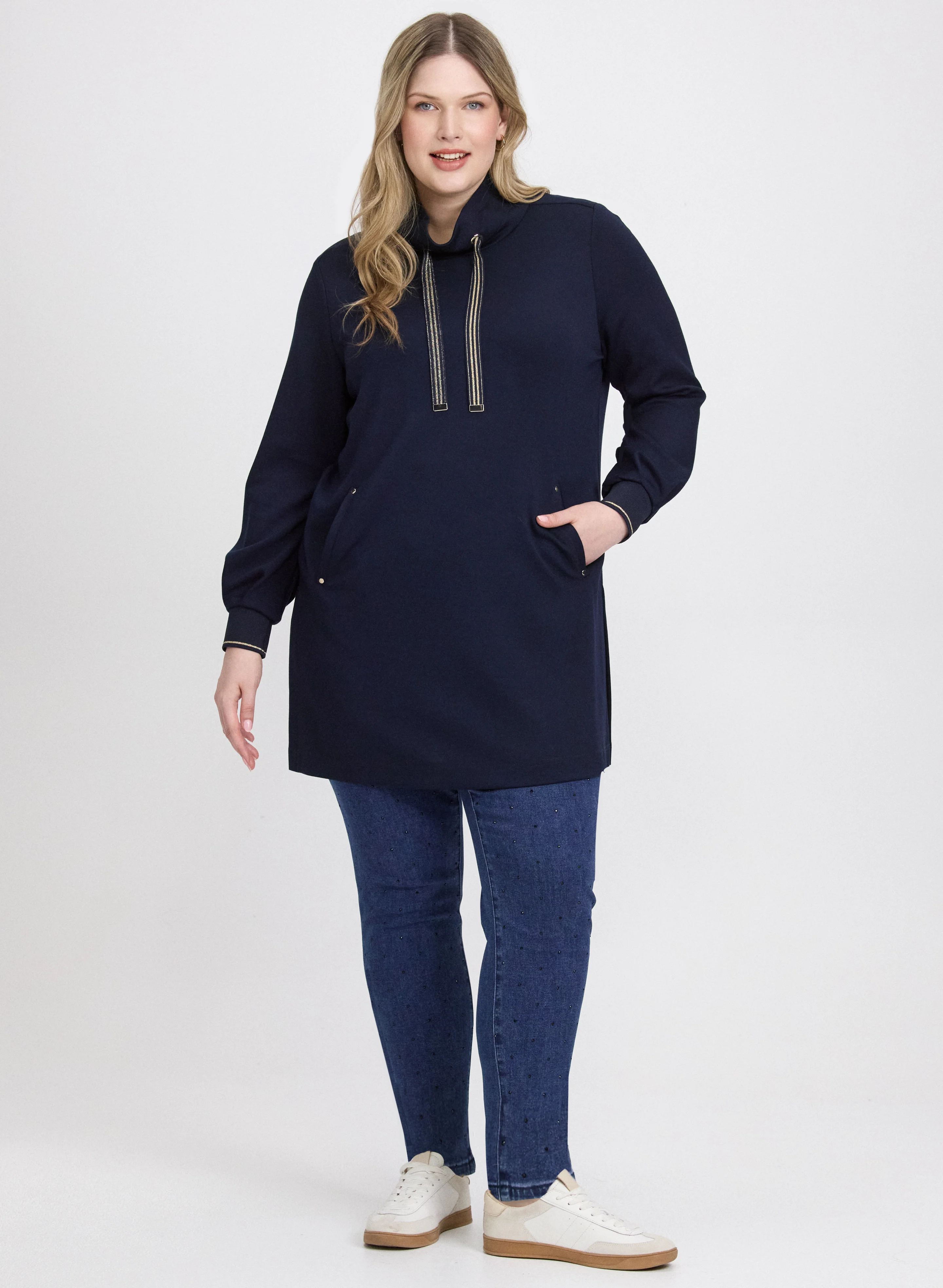 Funnel Neck Top & Tonal Stone Embellished Jeans