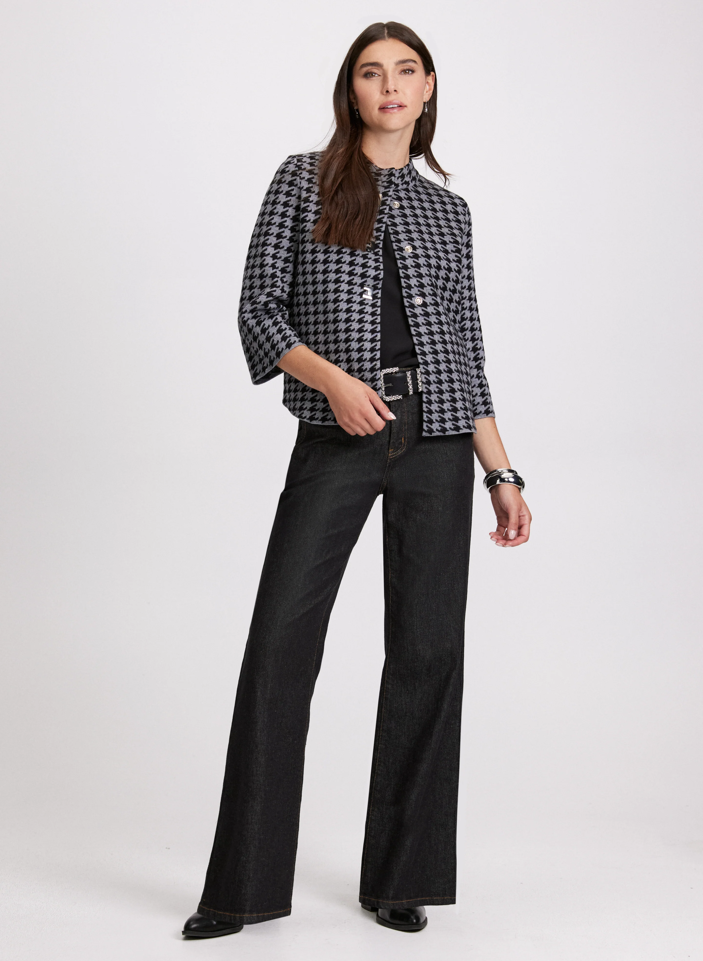 Houndstooth Print Cardigan & Flare Leg Jeans