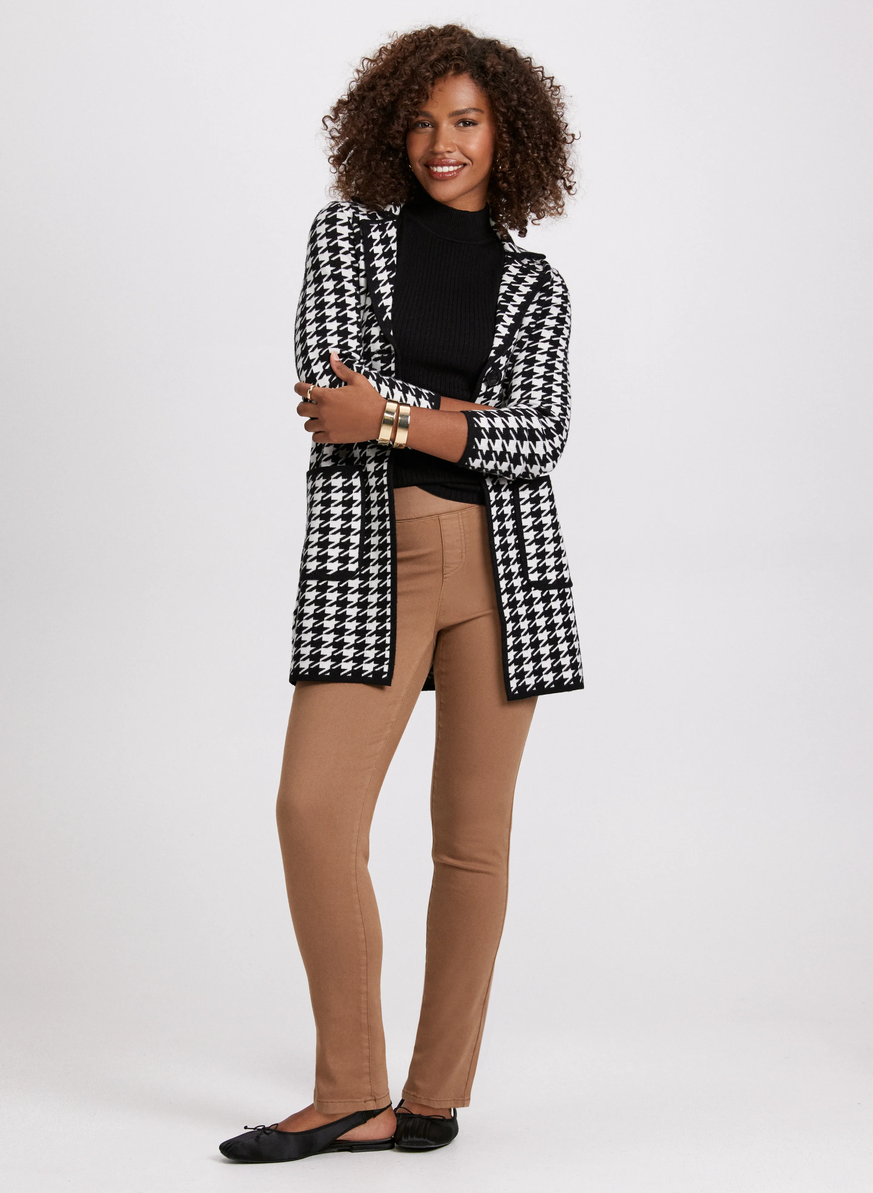 Houndstooth Print Cardigan & Straight Leg Jeans