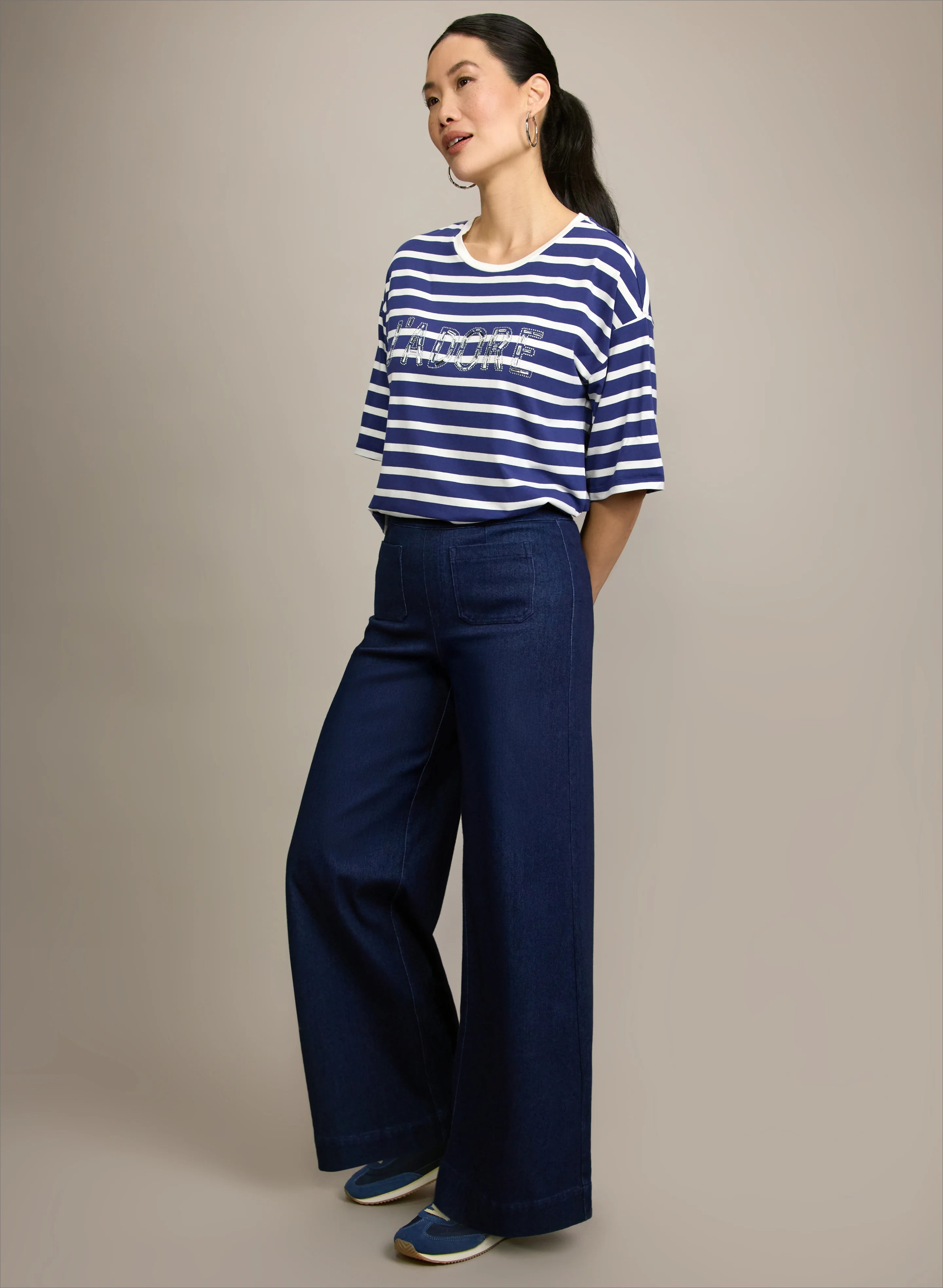 'J'Adore' Stripe T-Shirt & Comfort Stretch Wide-Leg Jeans