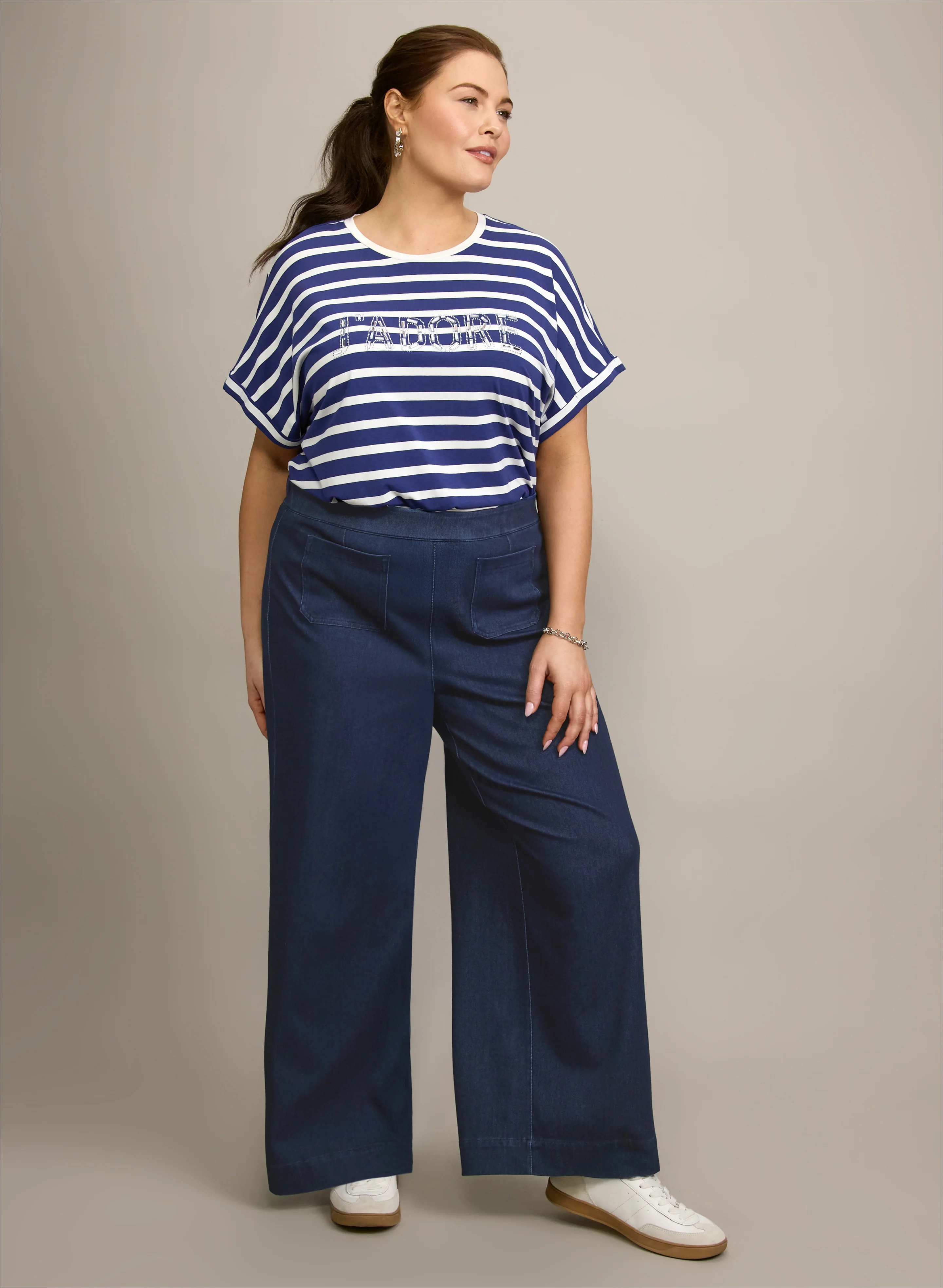 'J'Adore' Stripe T-Shirt & Comfort Stretch Wide-Leg Jeans
