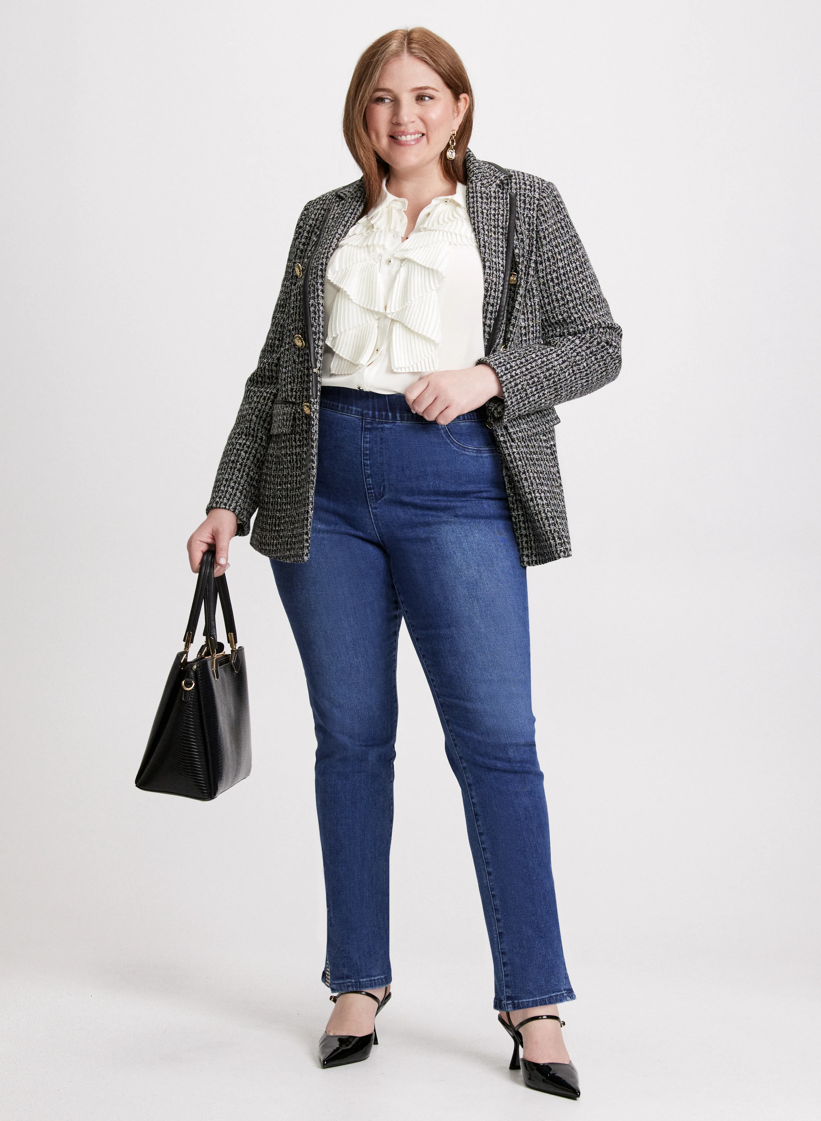Knit Houndstooth Jacket & Embellished Slit Hem Jeans