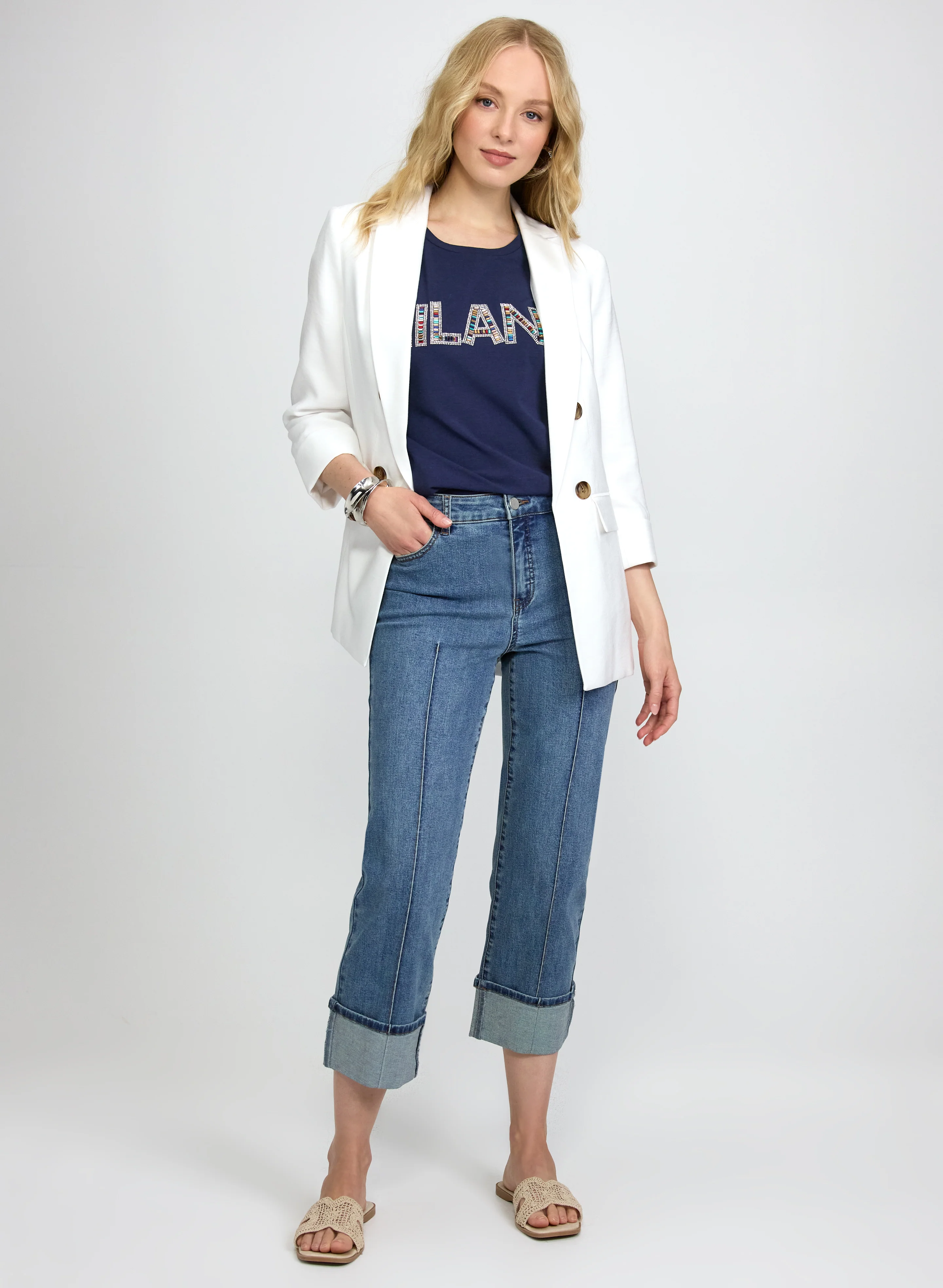 Lace-Up Back Blazer & Pinched Seam Denim Capris