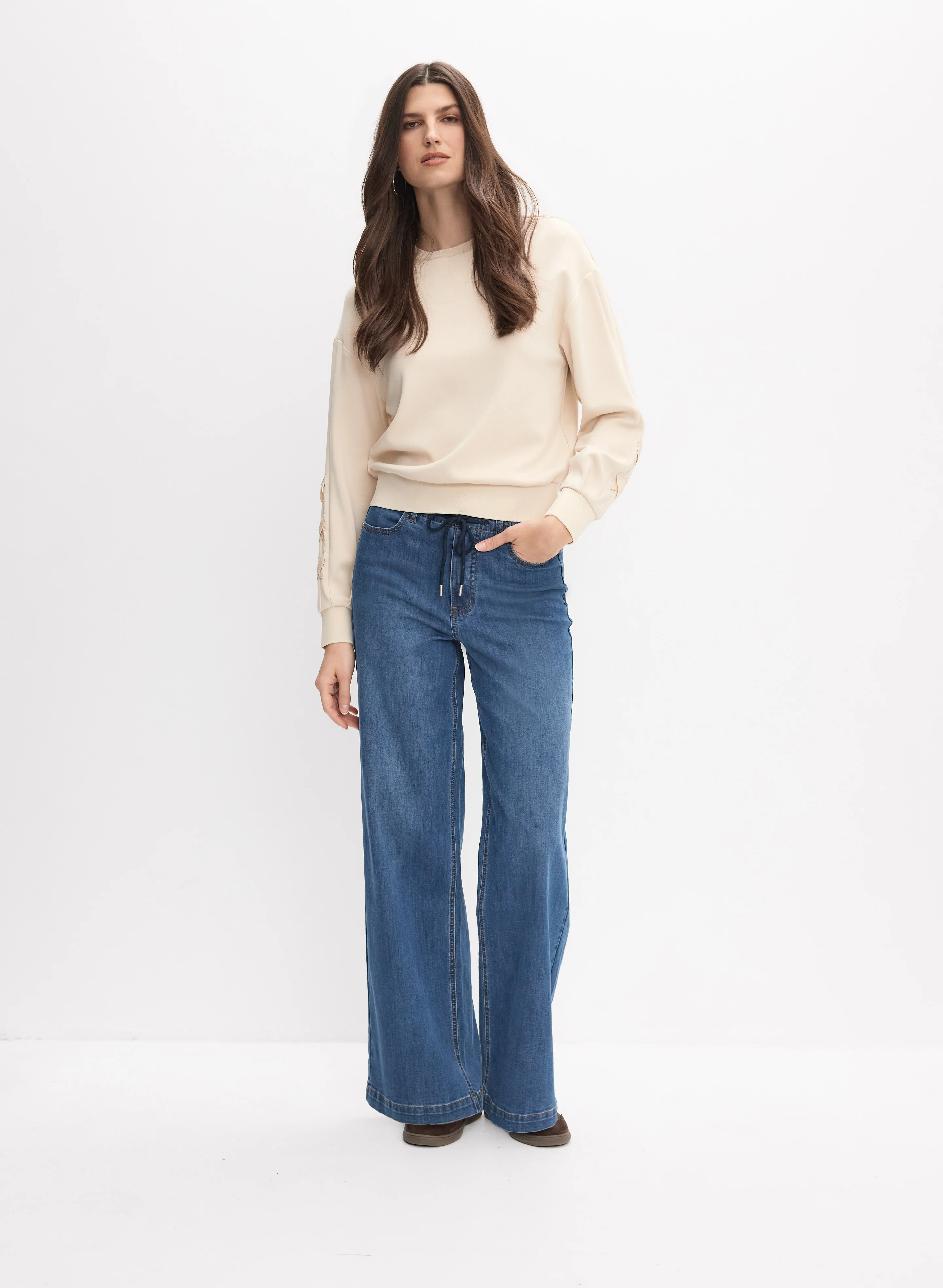 Lace-Up Detail Top & Drawstring Wide-Leg Jeans