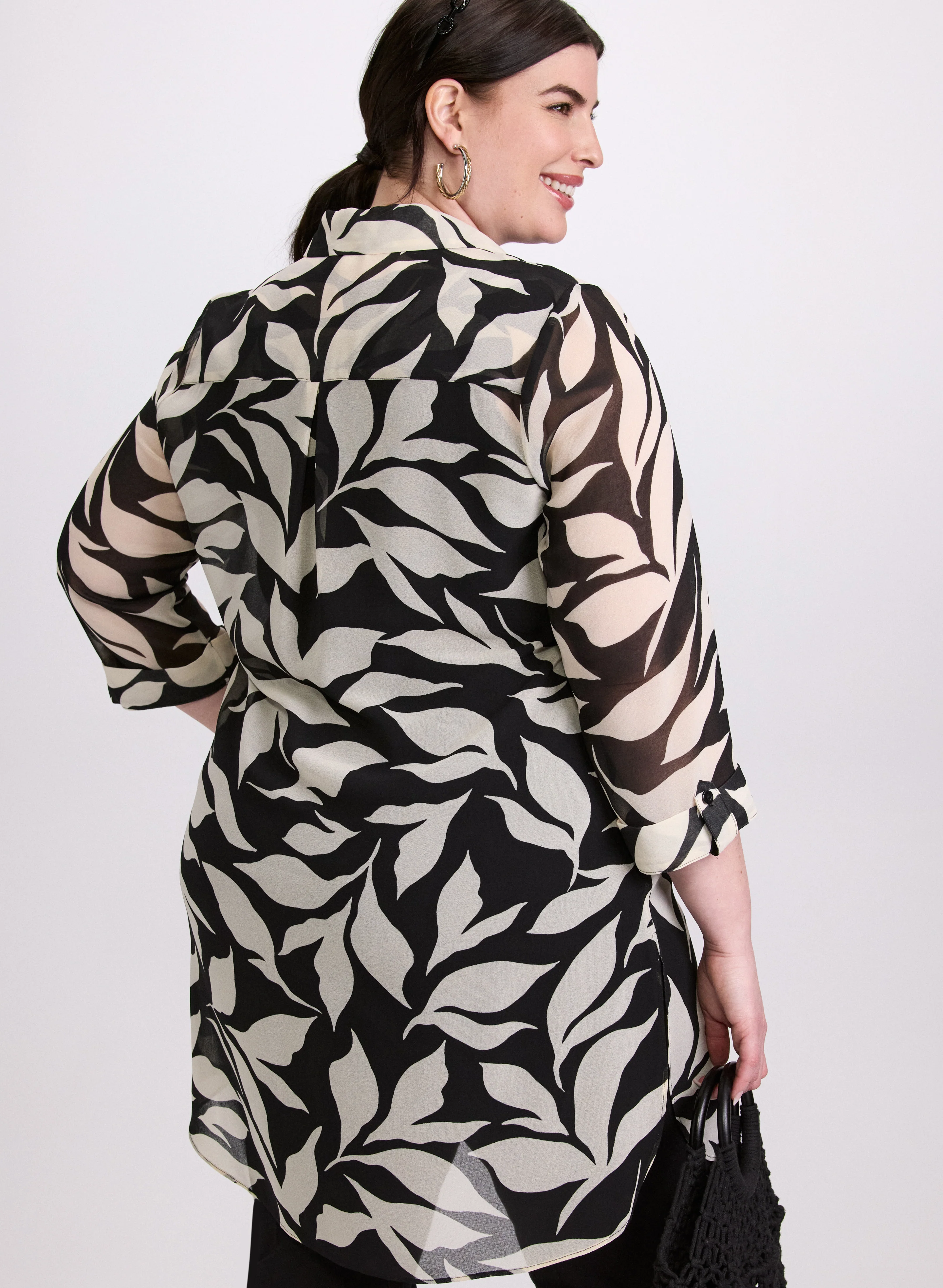 Leaf Print Button-Down Tunic Blouse - Image 4