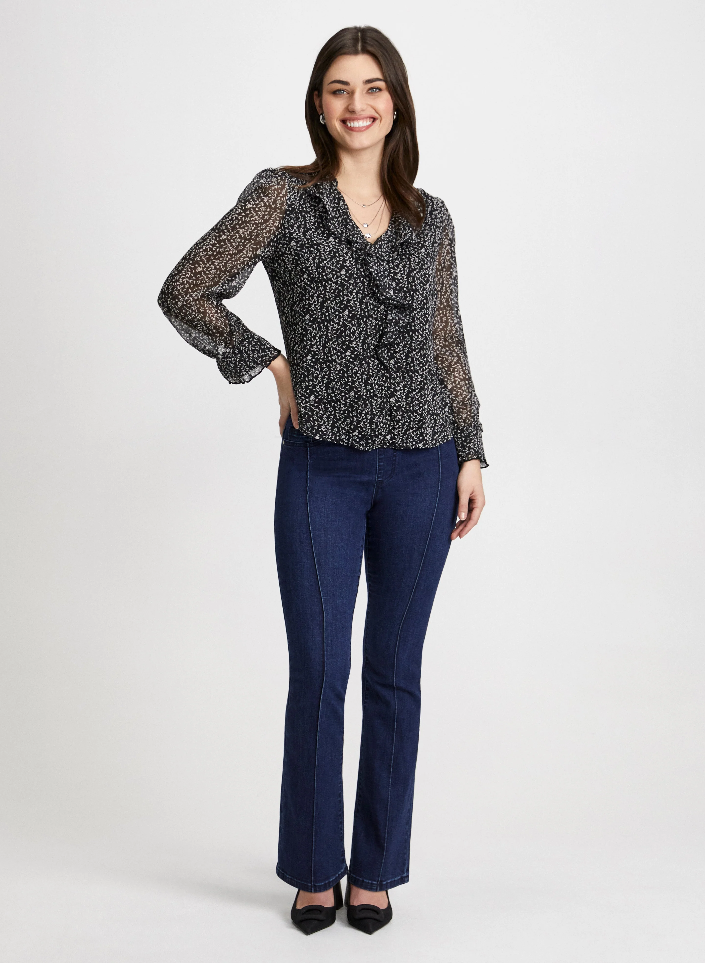 Leaf Print Blouse & Bootcut Jeans