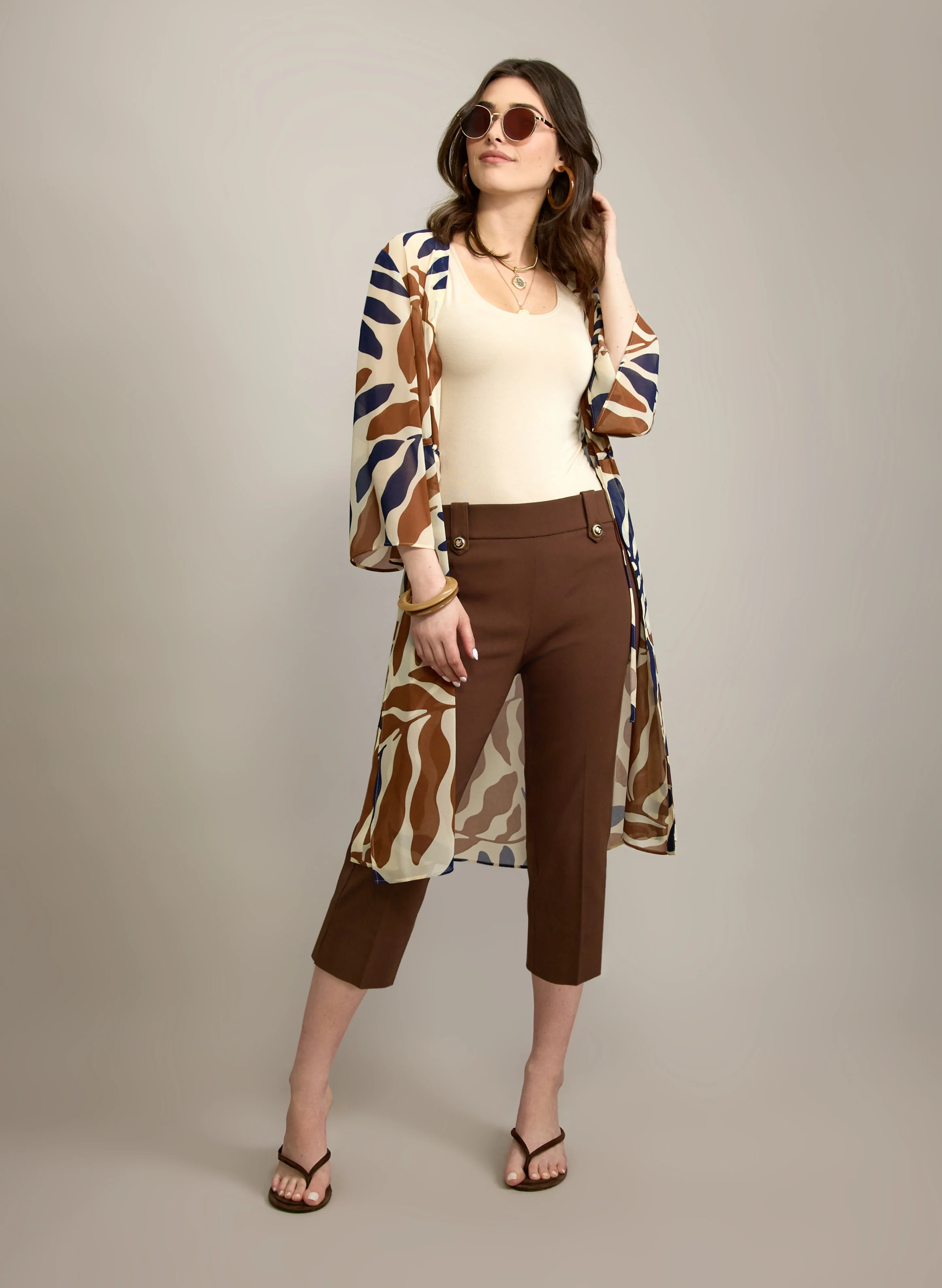 Leaf Print Chiffon Blouse & Bengaline Pull-On Capris