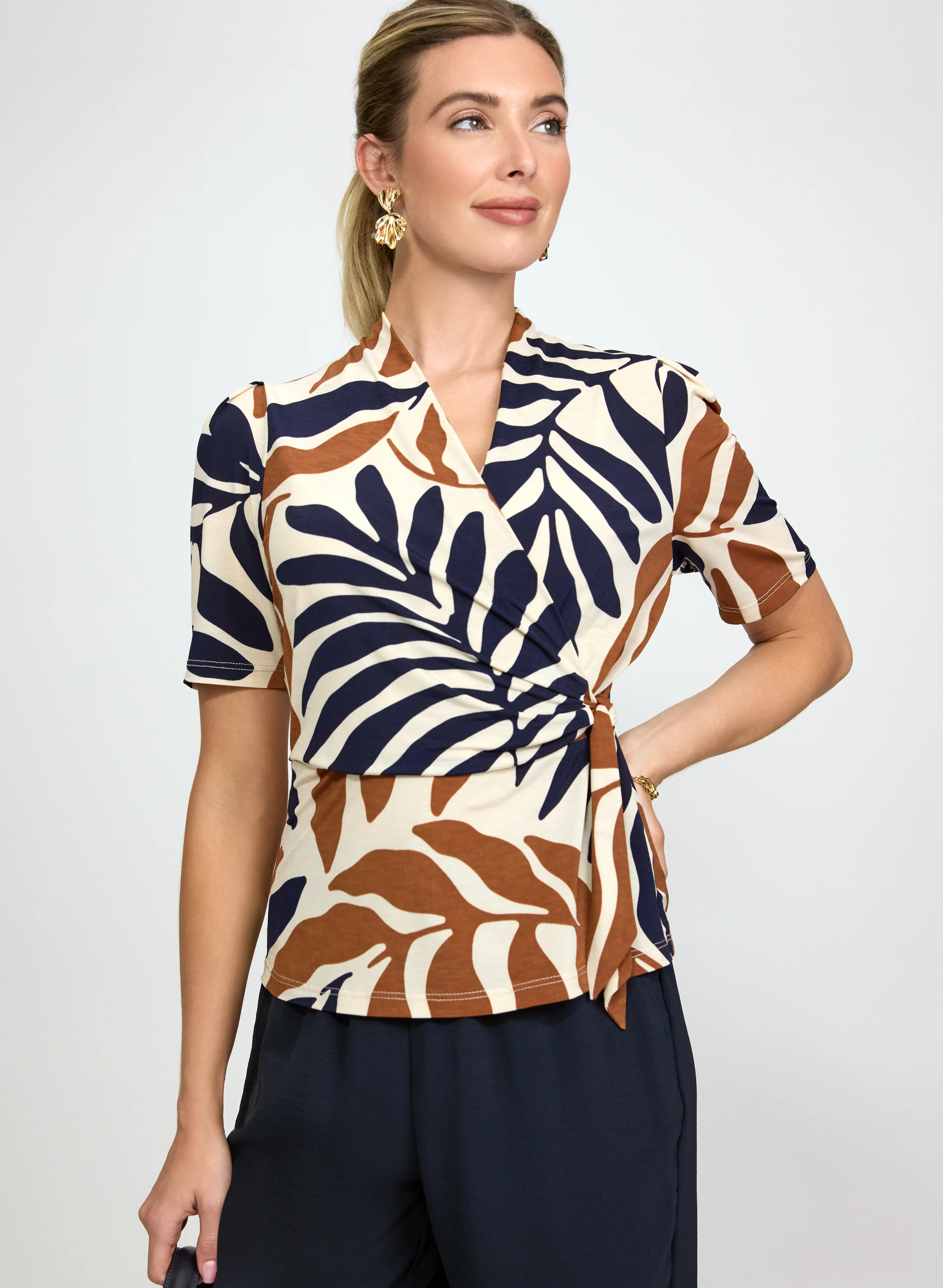 Leaf Print Faux-Wrap Top