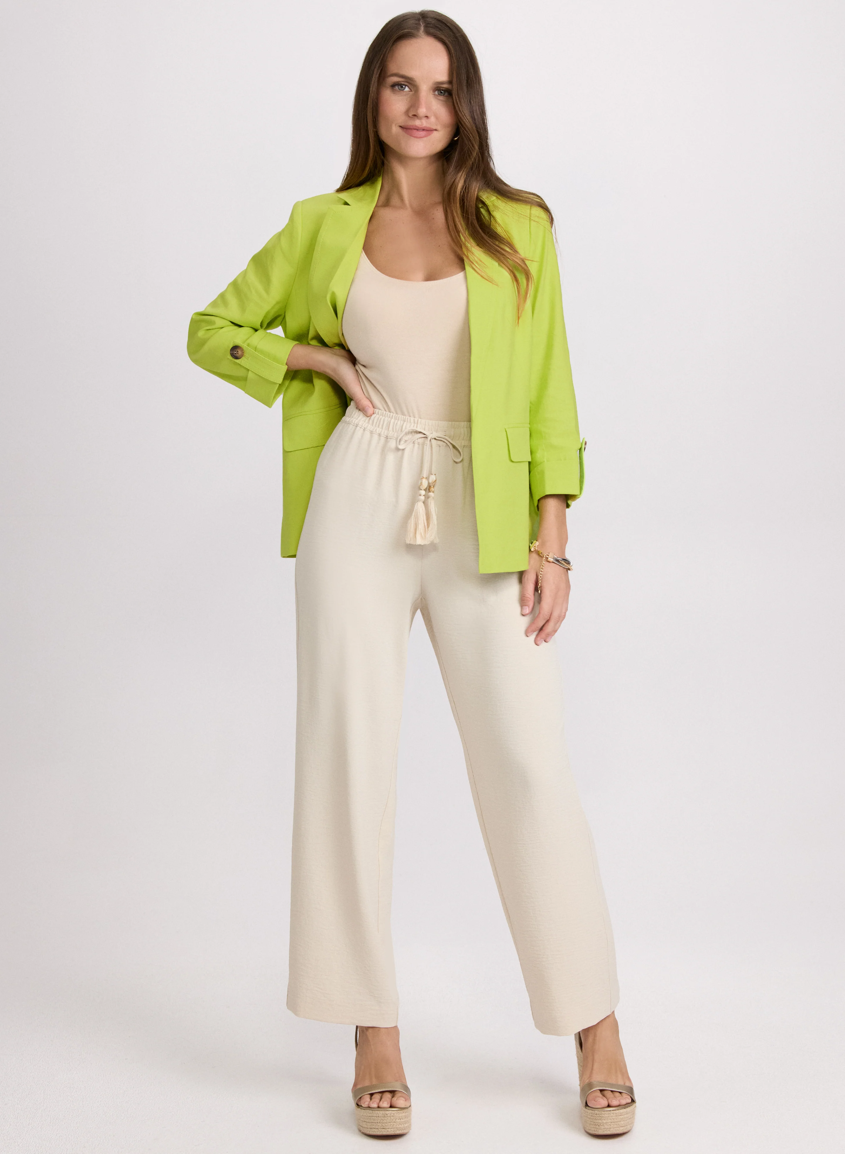 Linen-Blend Blazer & Crinkle Wide-Leg Pants